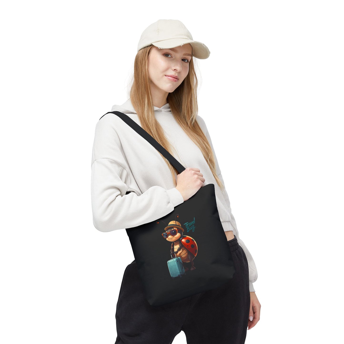 Travel Bug Tote Bag | Cute Ladybug with Suitcase Art Tote – Whimsical Travel Accessory, Aesthetic Canvas Bag | Gift for Travelers