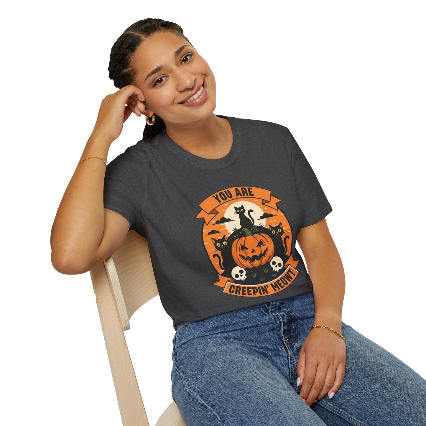 You Are Creepin' Meowt Halloween Cat T-Shirt | Funny Spooky Cat Tee | Black Cat Pumpkin Shirt | Cute Halloween Gift for Cat Lovers