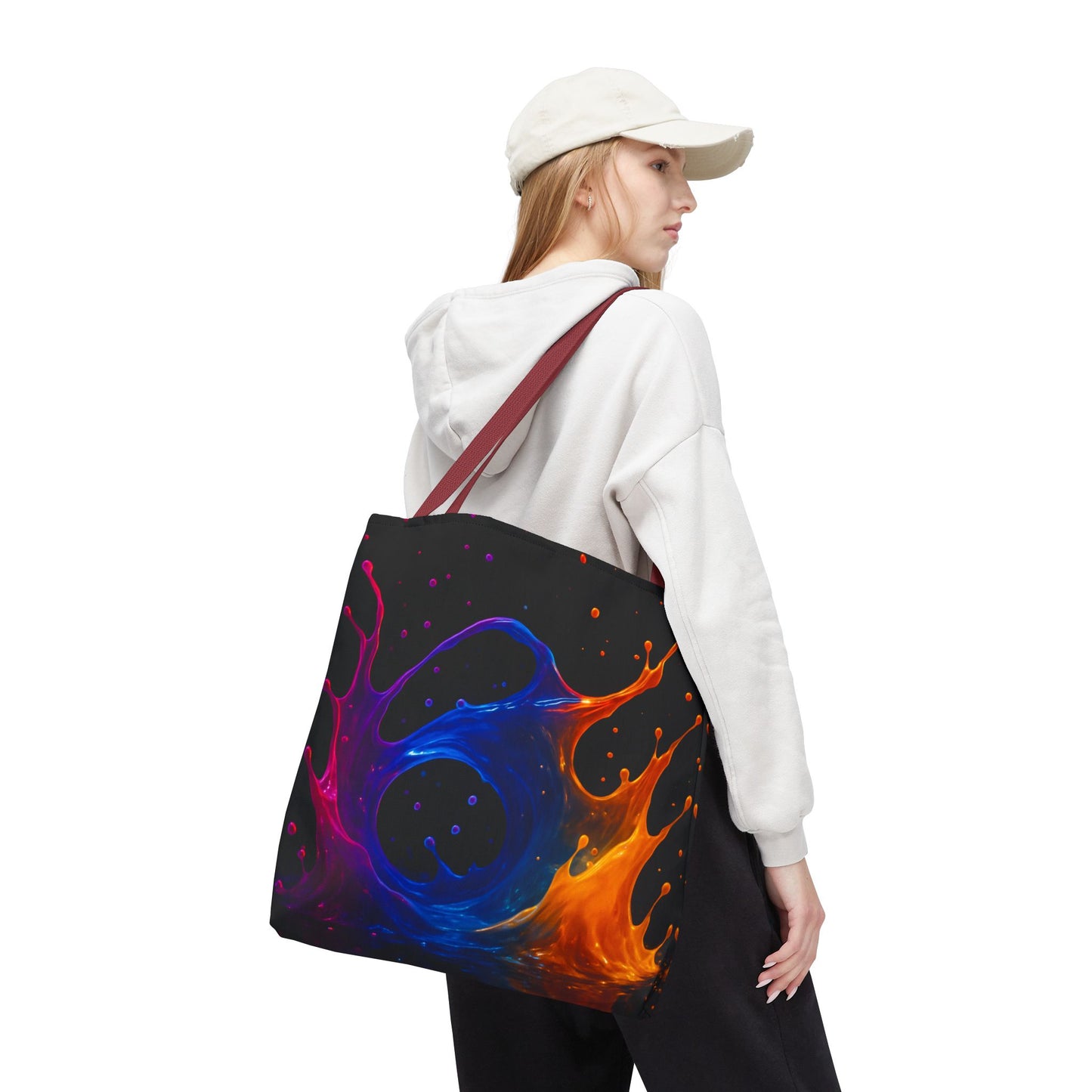 Elemental Fusion Tote Bag, Fire And Water Abstract Art Design, Vibrant Blue And Orange Splash Reusable Tote For Artists, Travel, And Everyday Use