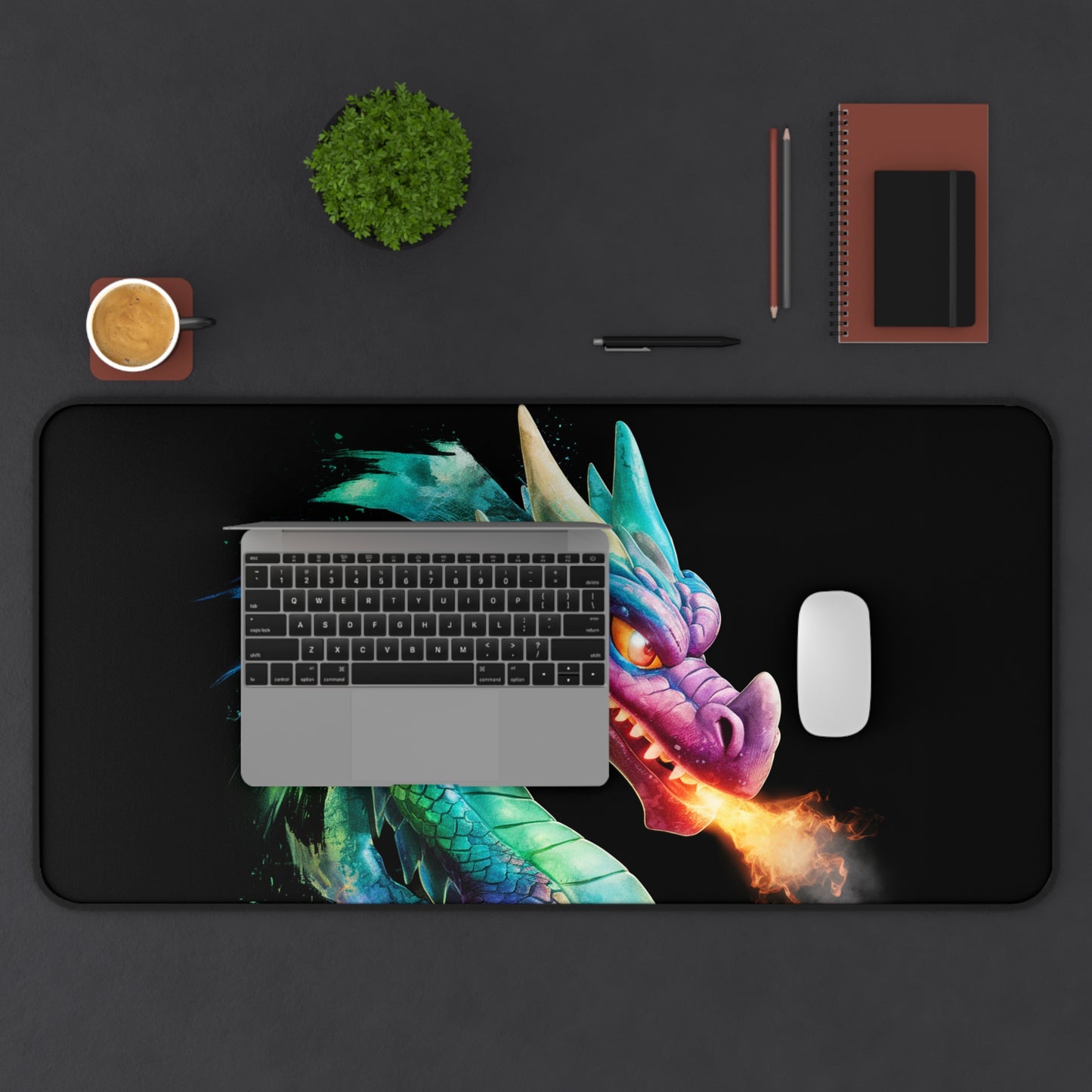 Fantasy Dragon Desk Mat & Gaming Mouse Pad | Colorful Fire-Breathing Dragon Office & Gaming Desk Accessory | Gift for Gamers