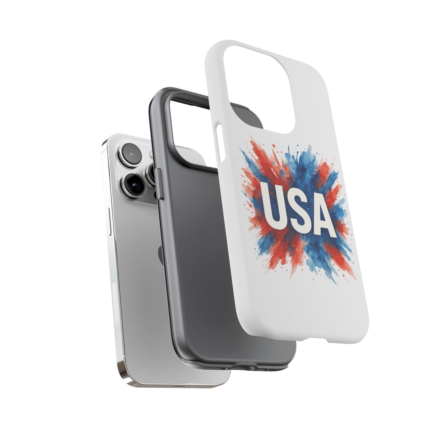USA Splash iPhone Case - Patriotic Red White Blue Tough Cover, Dual-Layer Protection, 4th of July Memorial Day Gift
