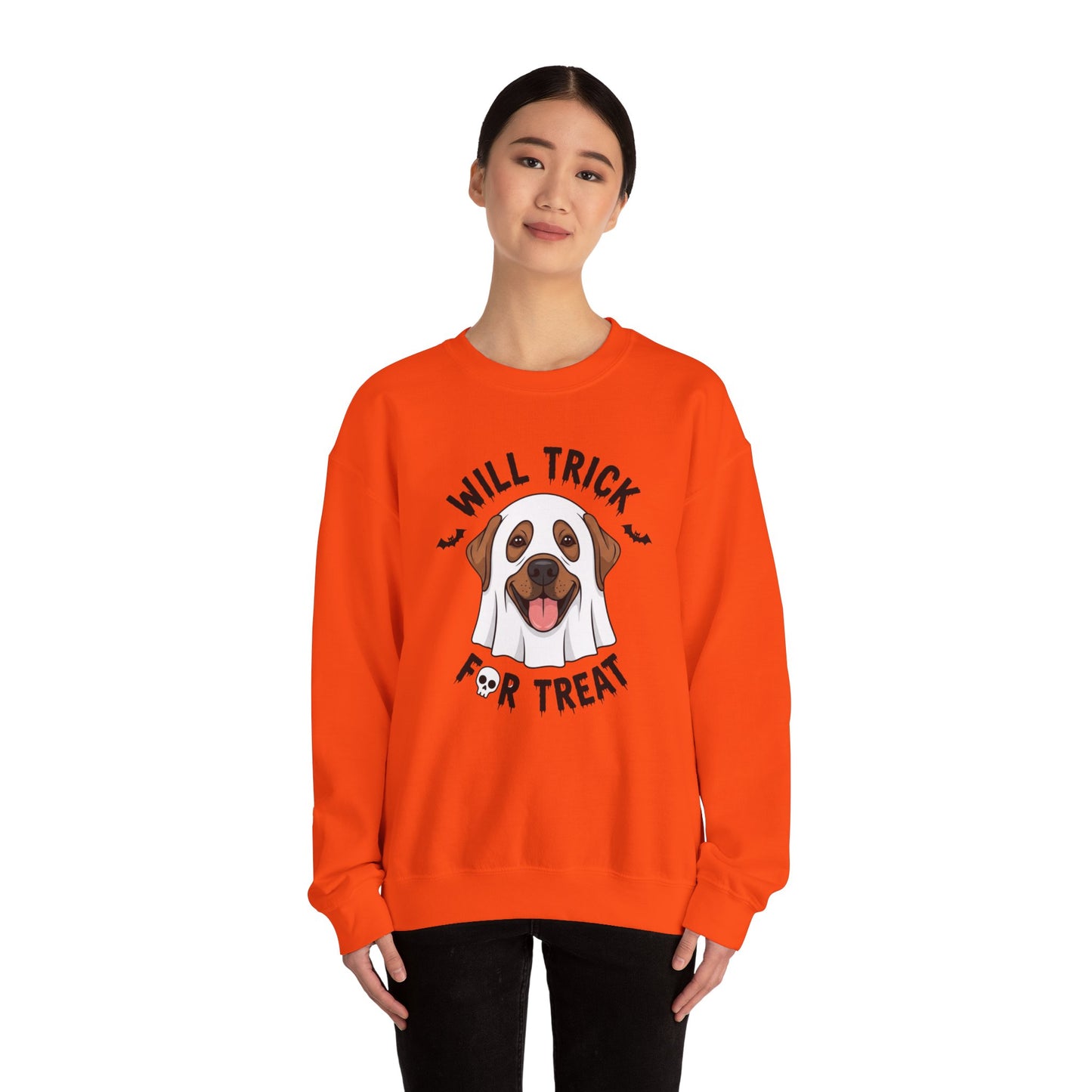 Will Trick for Treat Sweatshirt, Ghost Dog Halloween Crewneck, Funny Pet Costume Graphic Pullover, Trick-or-Treat Dog Lover Gift Sweater