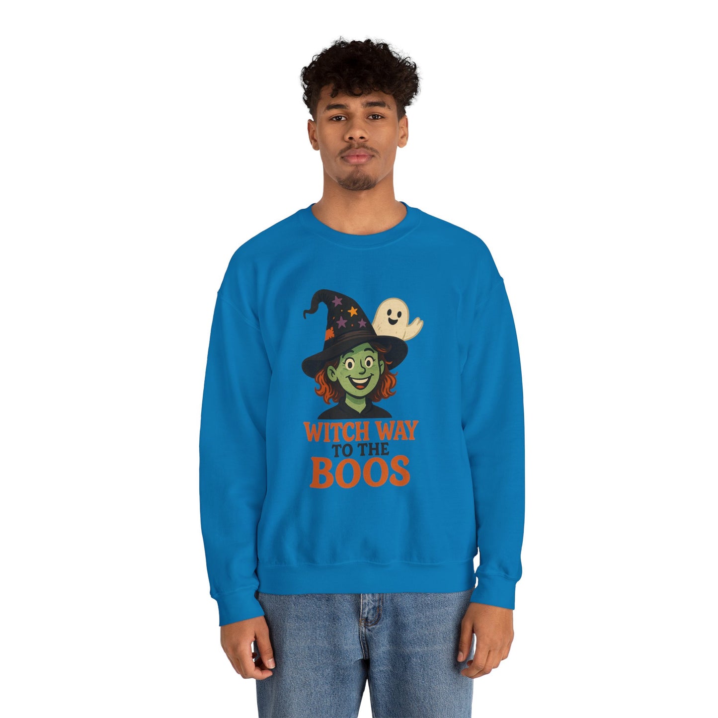 Witch Way To The Boos Sweatshirt, Funny Witch Halloween Crewneck, Witchy Ghost Sweatshirt, Spooky Season Graphic Pullover, Lighthearted Halloween Wear