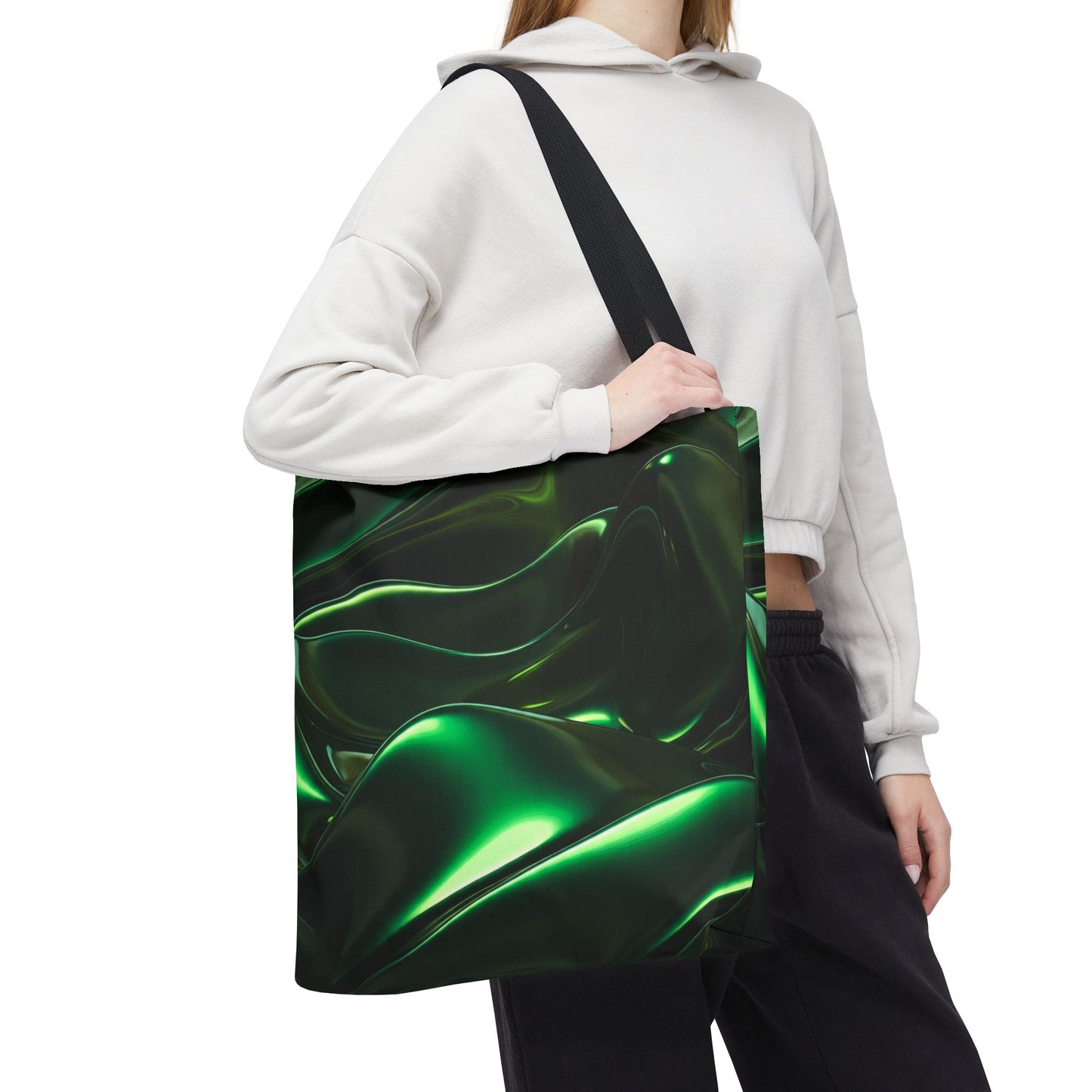 Futuristic Green Tote Bag - Abstract Metallic Wave Art Tote - Glossy Cyber Aesthetic Bag, Techwear Vibes, Edgy Gamer Gift, Trendy Street Style