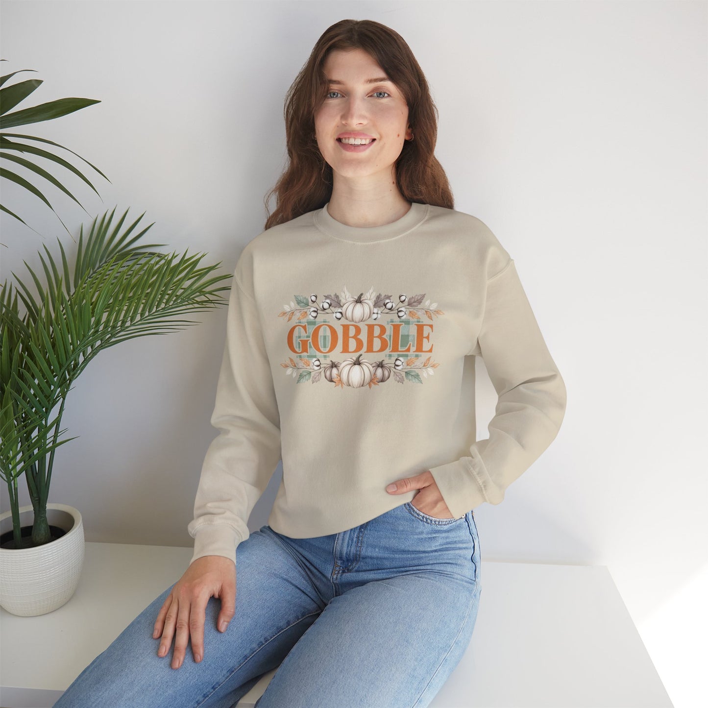 Gobble Thanksgiving Sweatshirt, Neutral Fall Pumpkin Crewneck, Autumn Cotton Stems Leaves Pullover, Cozy Rustic Thanksgiving Top