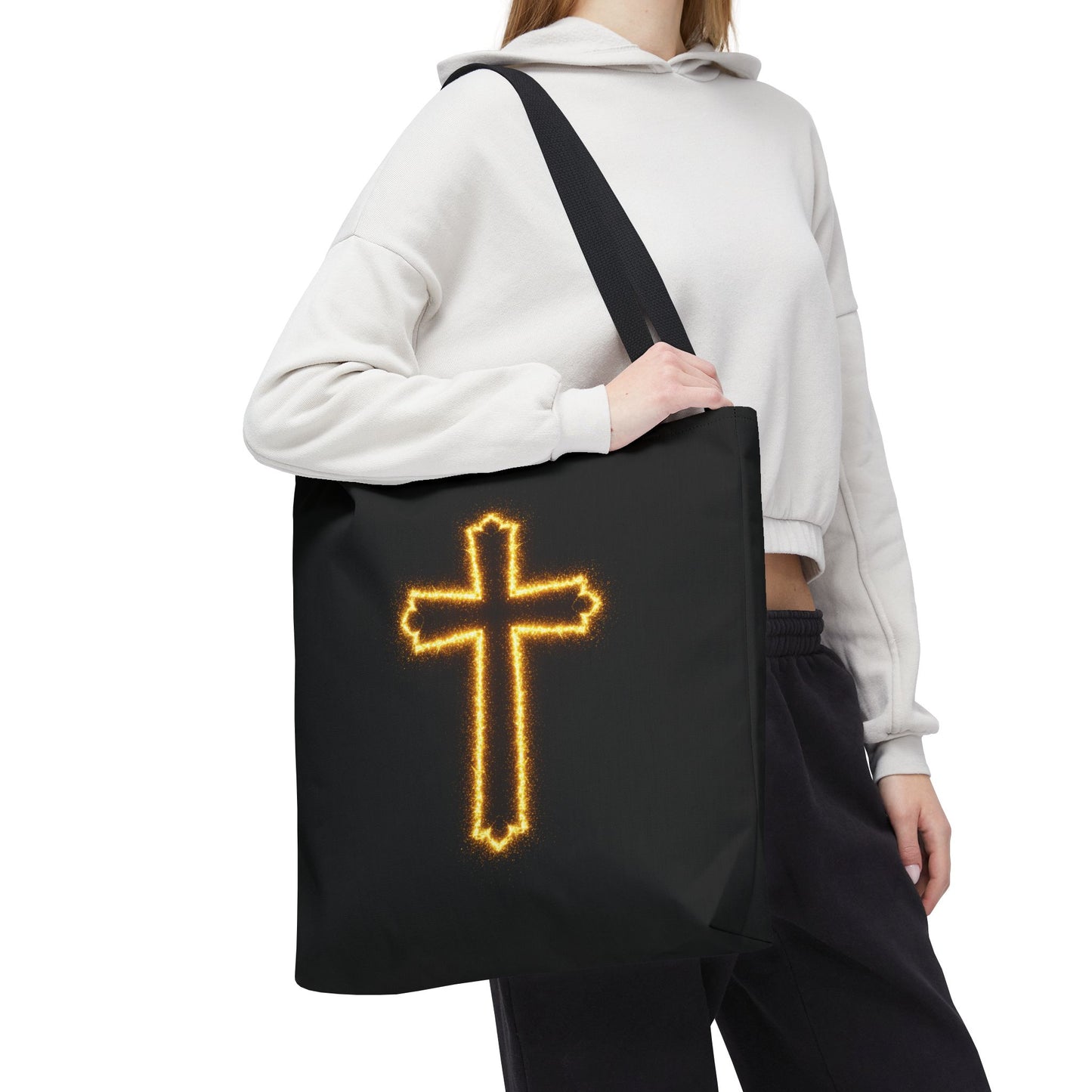 Christian Cross Tote Bag | Glowing Light Faith Bag | Inspirational Religious Gift | Black Canvas Tote | Spiritual Reusable Shopper