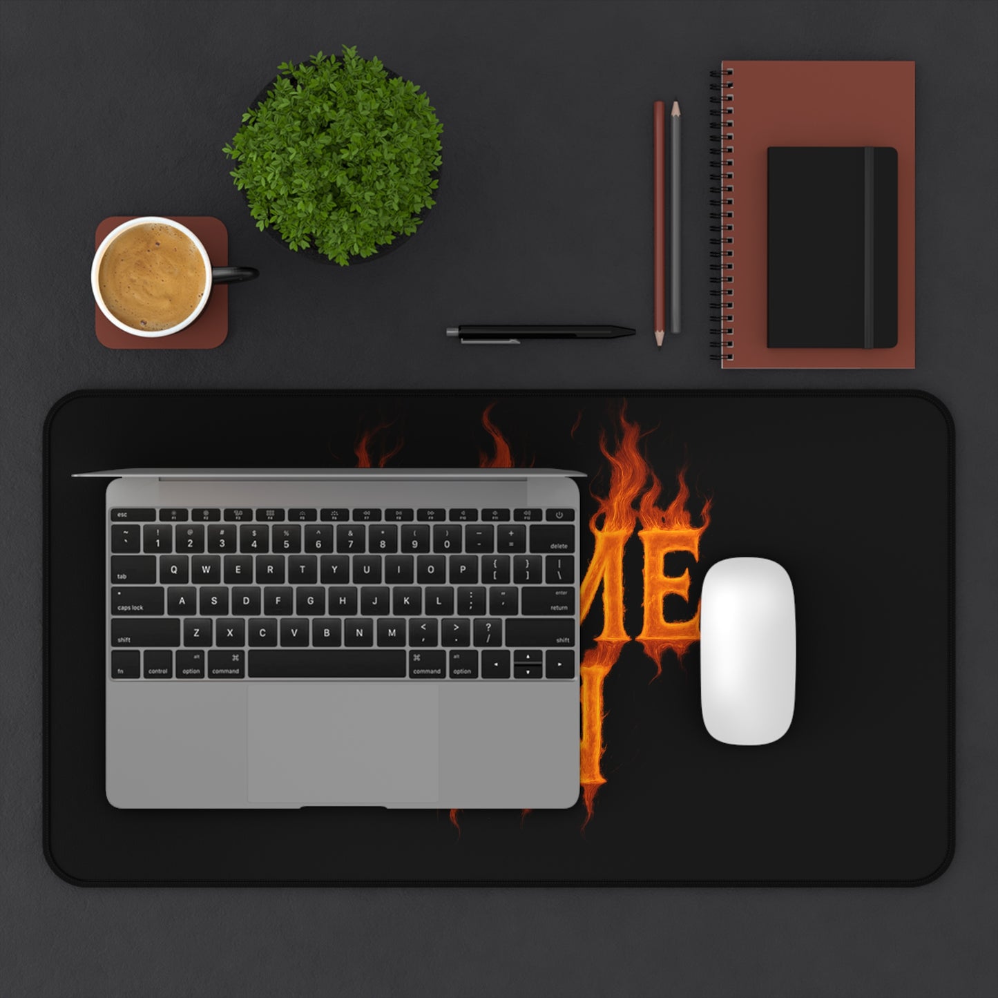 Flame On Desk Mat - Fire Typography Gaming Mouse Pad for Comic Fans, Hot Setup Gift, Nerdy Office Decor, Fiery Custom Desk Pad