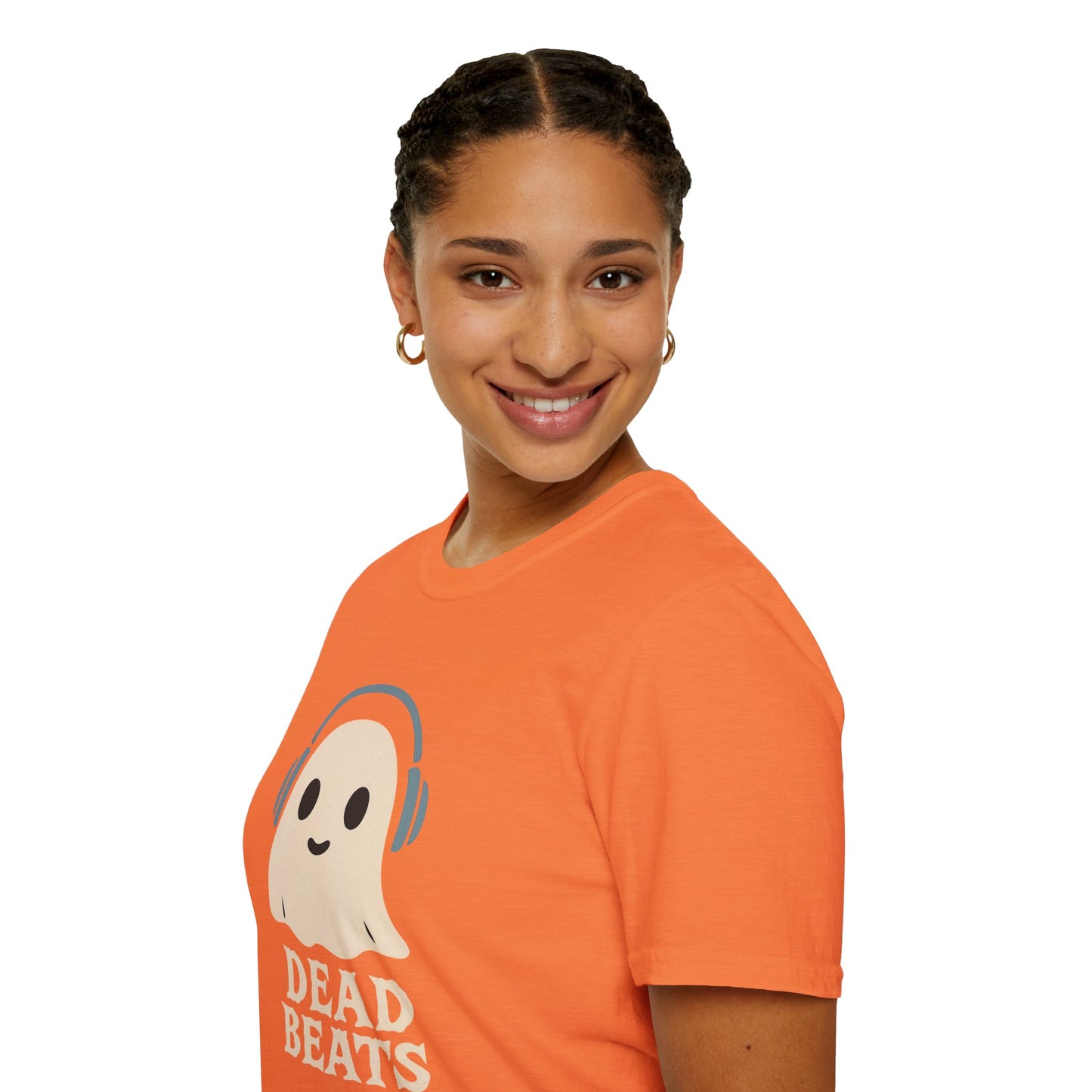 Dead Beats Ghost T-Shirt - Funny Music Halloween Shirt - Cute Ghost with Headphones Tee - Gift for DJs, Musicians and Spooky Season
