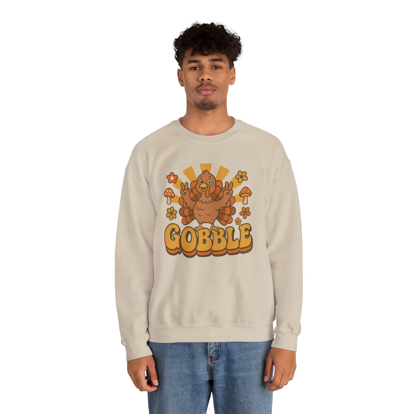 Gobble Turkey Sweatshirt, Retro Fall Turkey Crewneck, Thanksgiving Graphic Pullover, Autumn Mushroom & Flower Design, Cozy Fall Top