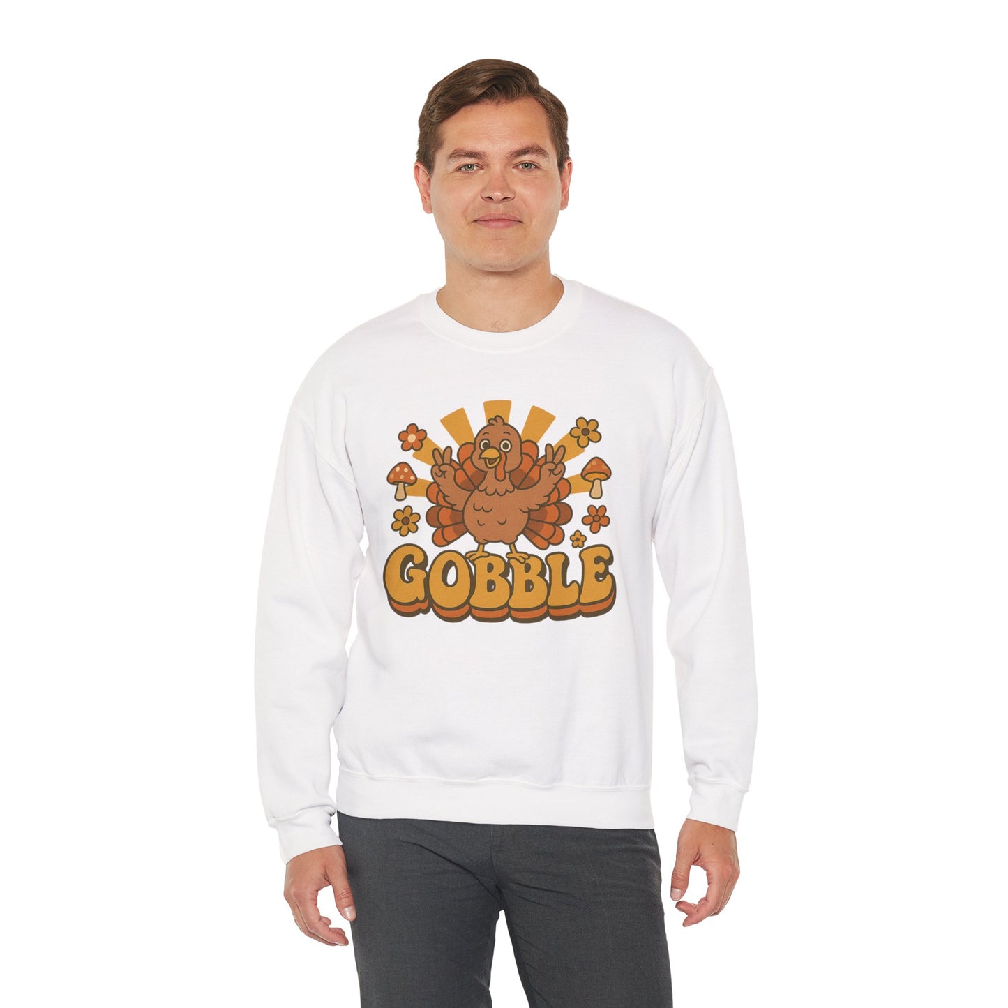Gobble Turkey Sweatshirt, Retro Fall Turkey Crewneck, Thanksgiving Graphic Pullover, Autumn Mushroom & Flower Design, Cozy Fall Top