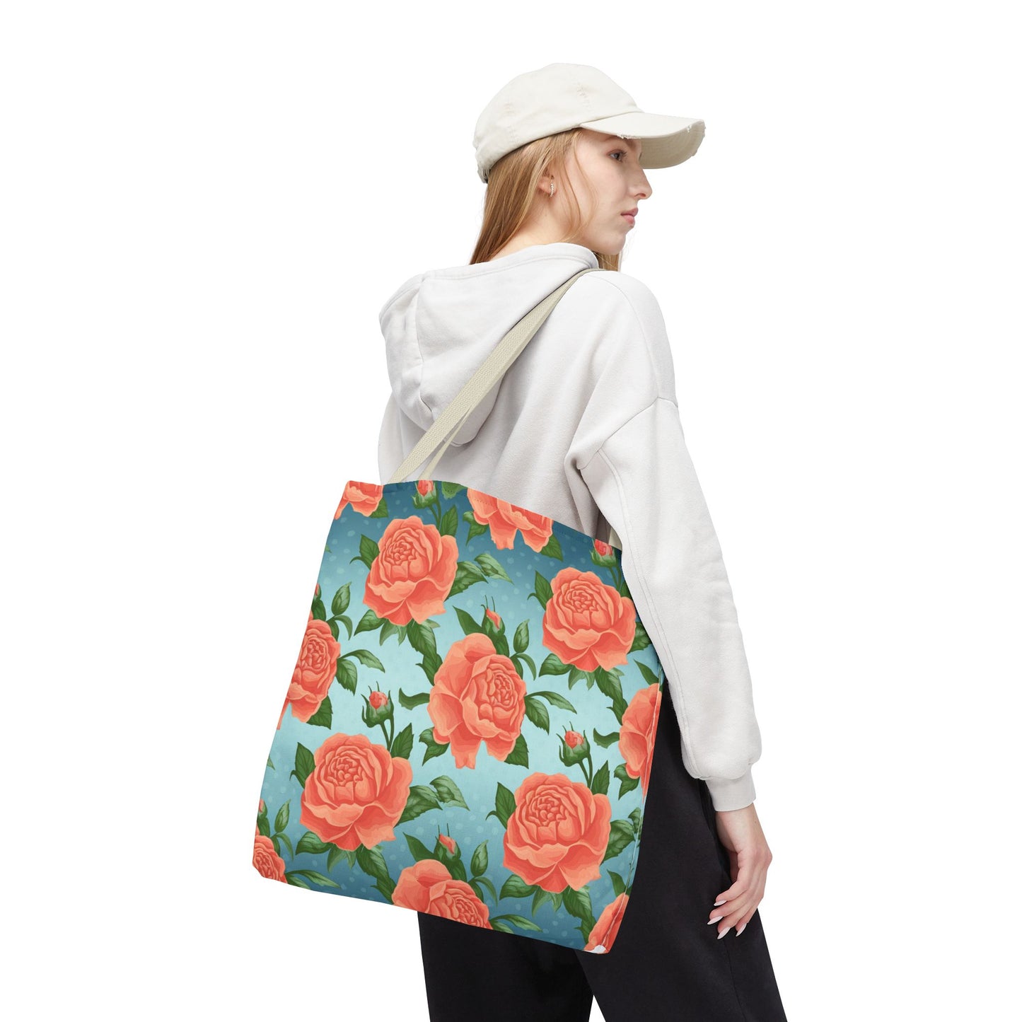 Vintage Floral Tote Bag – Coral Rose Pattern on Blue Background – Aesthetic Everyday Carry Bag – Reusable Fabric Market Tote Gift