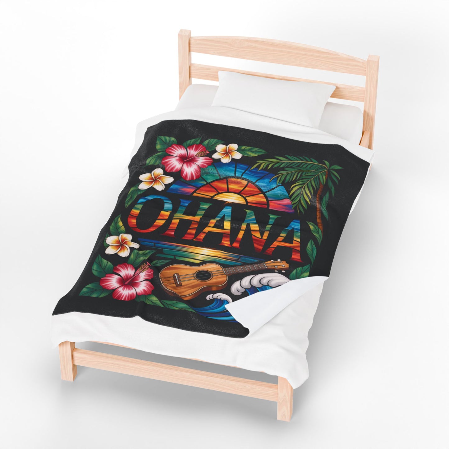 Hawaiian Ohana Blanket - Tropical Ukulele Sunset Throw with Hibiscus Flowers, Beach Waves - Cozy Island Vibes Bed Cover Gift
