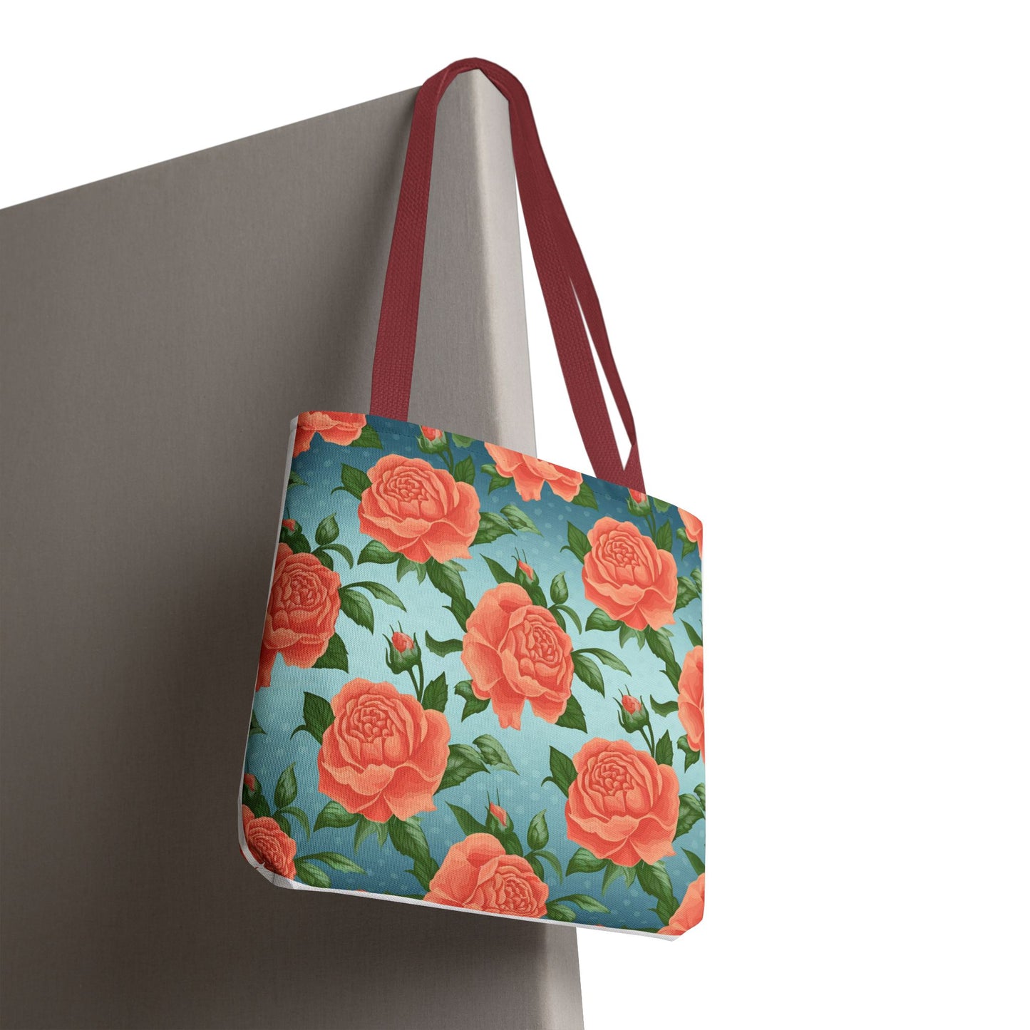 Vintage Floral Tote Bag – Coral Rose Pattern on Blue Background – Aesthetic Everyday Carry Bag – Reusable Fabric Market Tote Gift