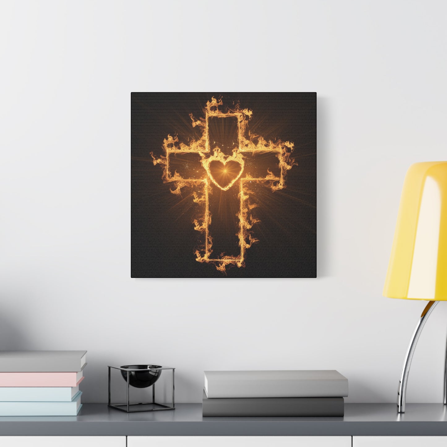 Flaming Heart and Cross Christian Wall Art Canvas