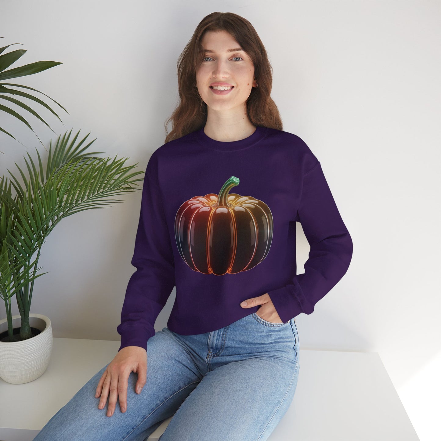 Neon Pumpkin Sweatshirt, Fall Halloween Crewneck, Cozy Unisex Pullover, Spooky Season Apparel, Aesthetic Pumpkin Shirt For Autumn Lovers
