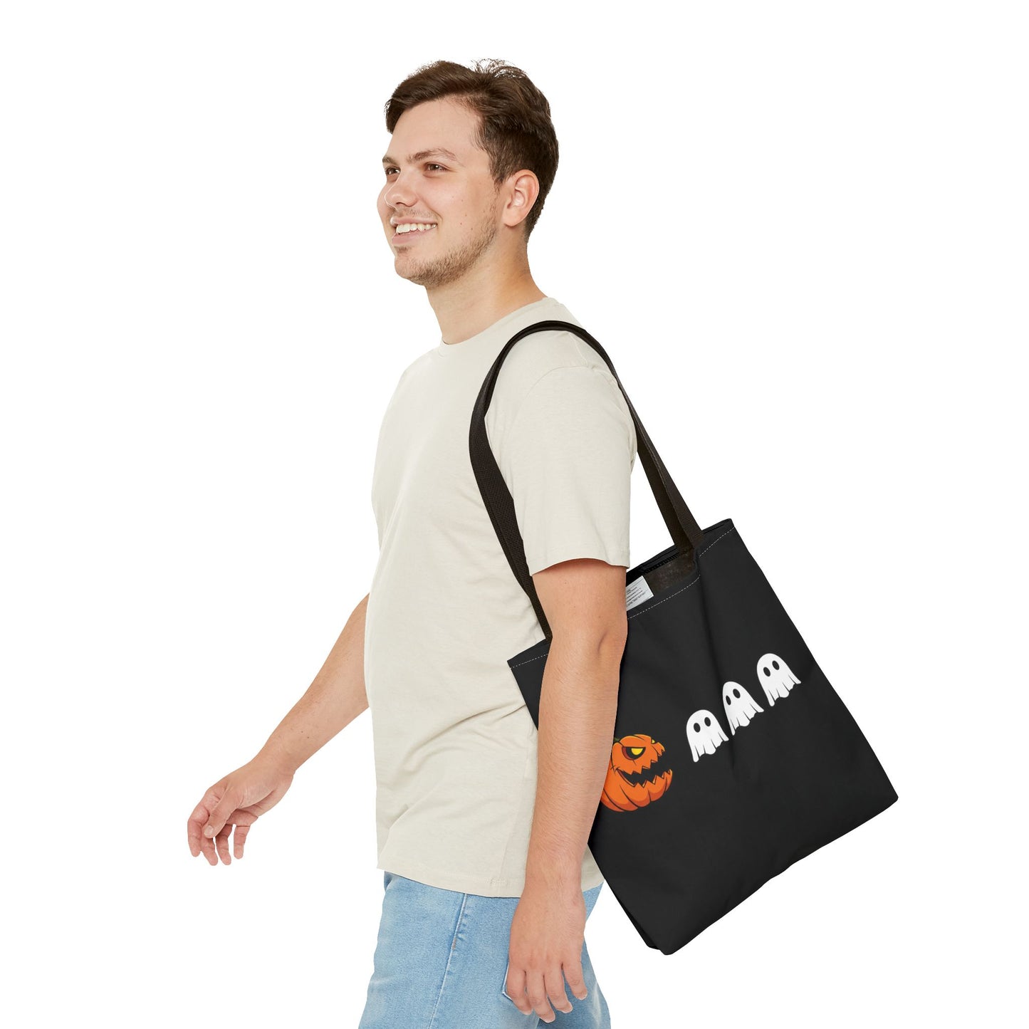 Halloween pumpkin ghost tote bag, spooky trick or treat canvas bag, ghost pumpkin design reusable tote, spooky season gift tote