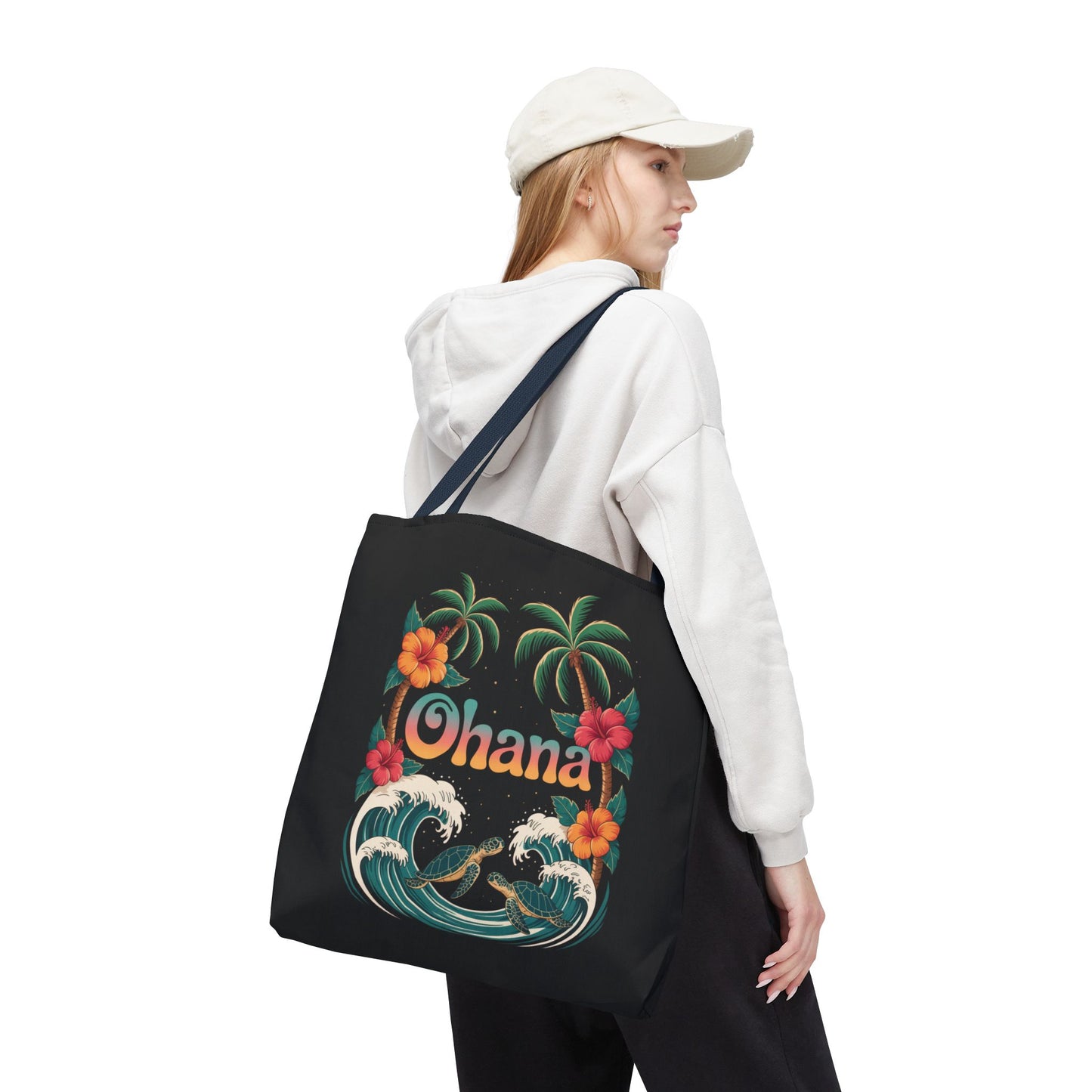 Ohana Tote Bag – Hawaiian Beach Tote with Sea Turtles & Palm Trees – Floral Tropical Reusable Bag, Summer Gift, Aesthetic Travel Purse