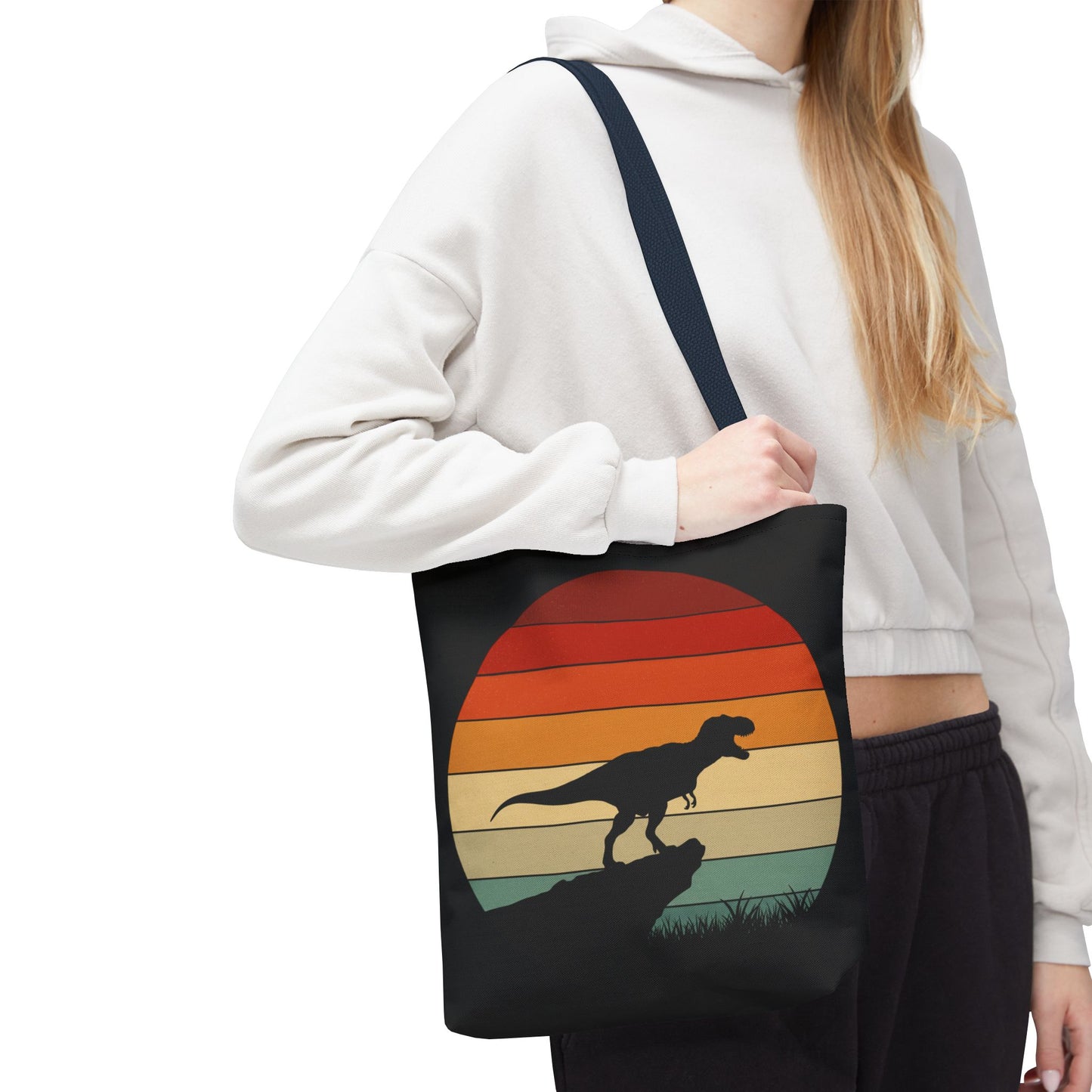 Retro Dinosaur Sunset Tote Bag | AOP Canvas Shopper - Eco Beach Bag for Dino Lovers and Kids, All-Over Print Summer Travel Gift
