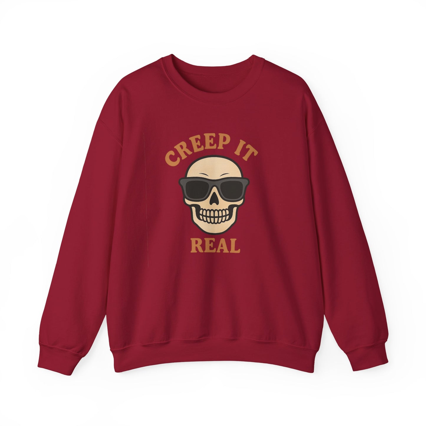 Creep It Real Skull Sweatshirt, Funny Halloween Skull Crewneck, Spooky Skeleton Pullover, Dark Graphic Sweatshirt, Unisex Halloween Gift