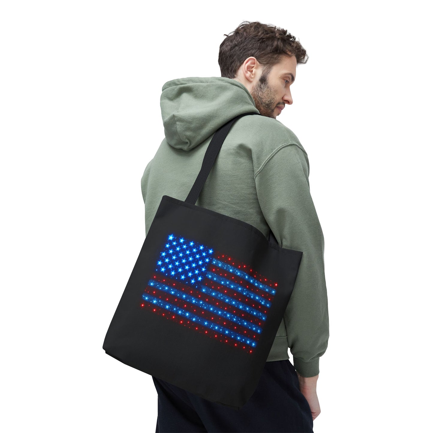 Galaxy Bioluminescent USA Flag Tote Bag - Patriotic Cosmic Canvas Shopper - Starry Red White Blue Tote Non-Glow - 4th July Gift