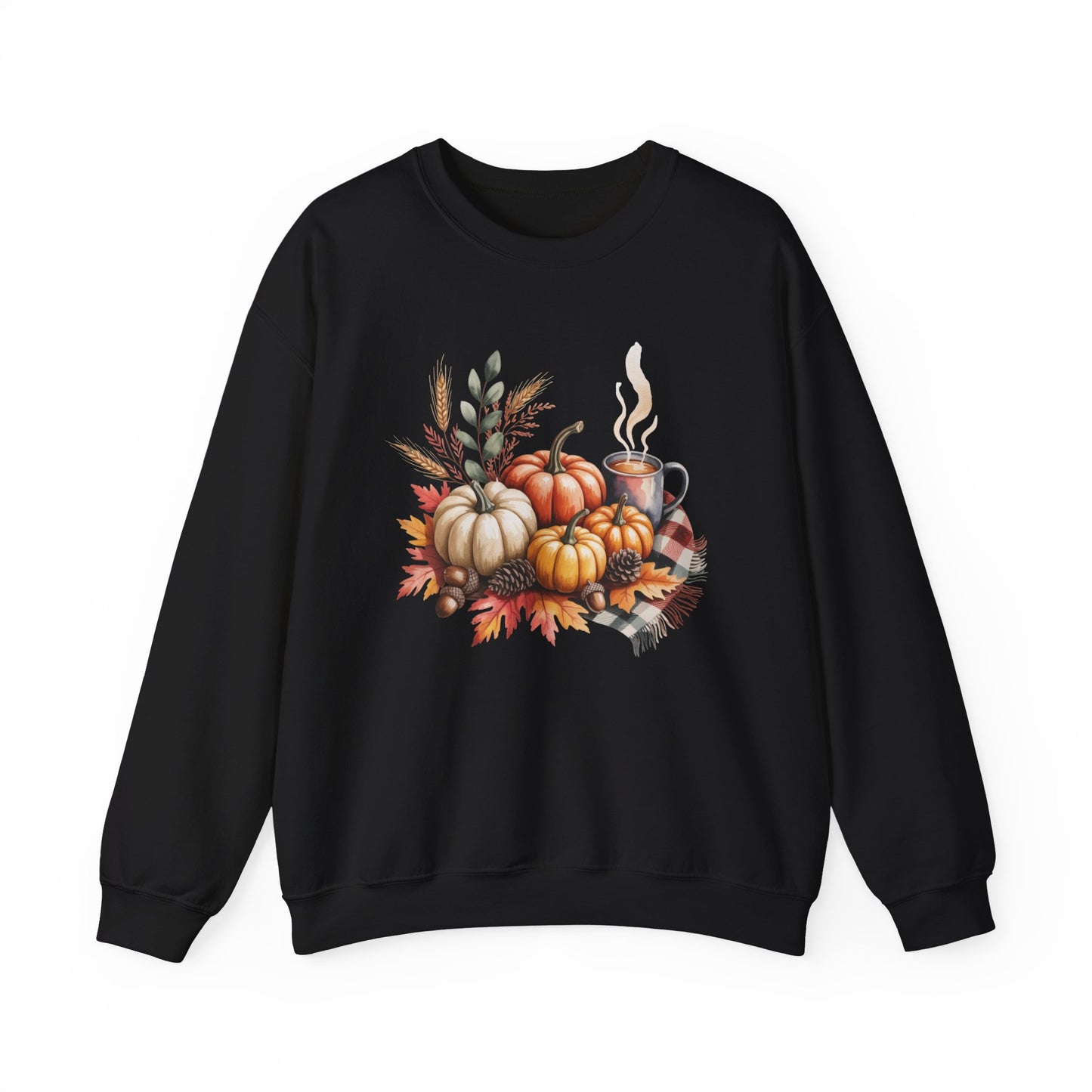 Fall Pumpkin Sweatshirt, Cozy Autumn Crewneck, Thanksgiving Sweater With Pumpkins And Coffee, Fall Leaves Pullover, Seasonal Gift