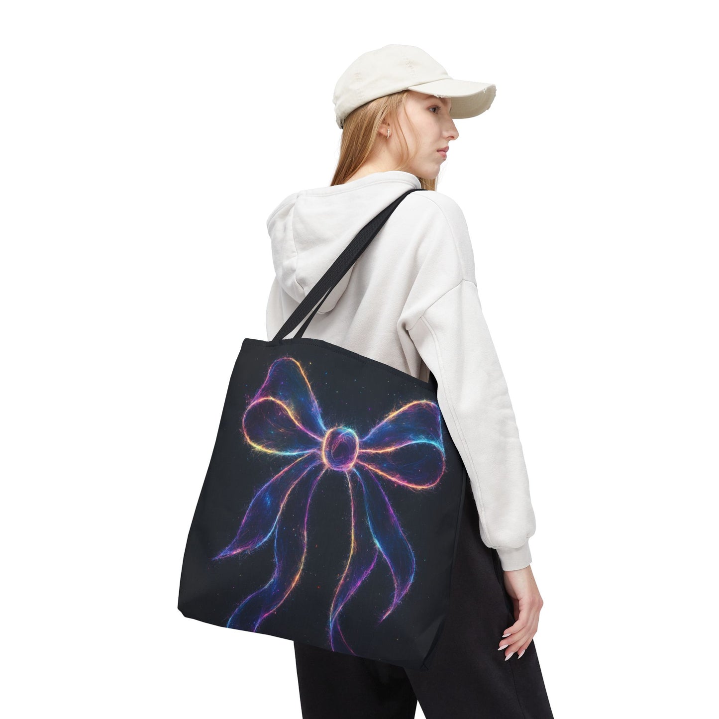 Galaxy Glow Bow Tote Bag, Cosmic Neon Ribbon Design, Black Space Art Bag, Celestial Gift For Her, Stylish Reusable Everyday Tote
