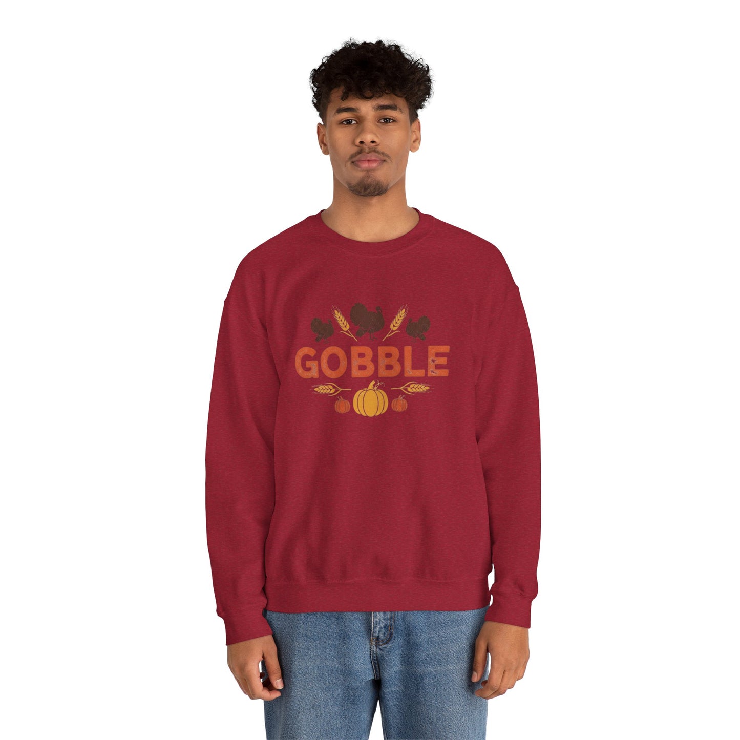 Gobble Turkey Sweatshirt, Thanksgiving Pumpkin Crewneck, Autumn Wheat & Turkey Graphic Pullover, Cozy Fall Family Turkey Day Shirt