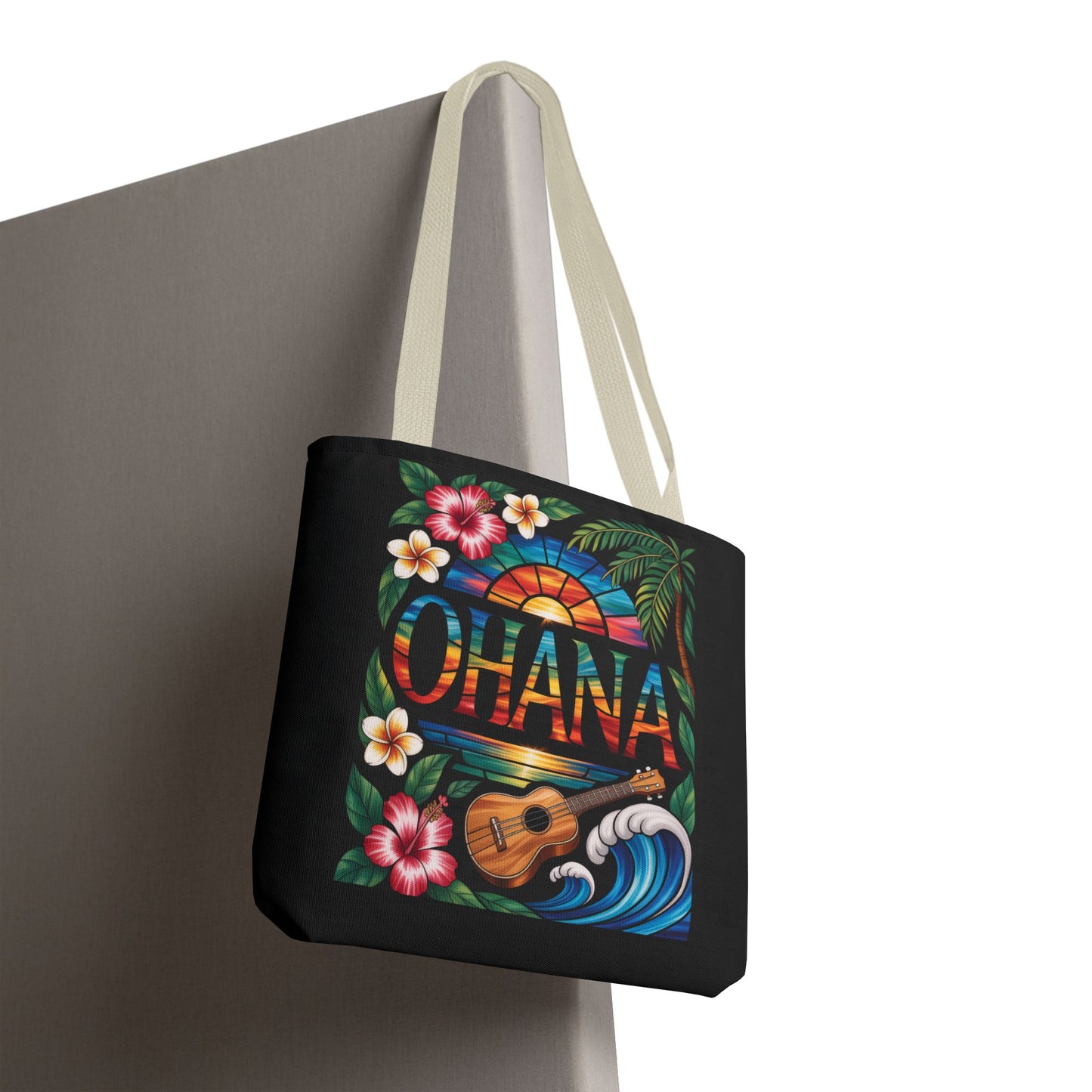 Ohana Tote Bag – Hawaiian Tropical Beach Bag with Ukulele, Sunset & Hibiscus Flowers, Island Gift for Women, Aloha Family Vibes