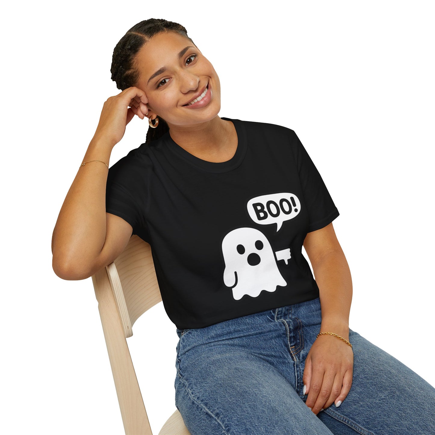 Cute Ghost Thumbs-Down 'Boo' Tee | Funny Halloween Play on Words Shirt | Spooky Season Ghost Tee | Fall Coquette Aesthetic Tee