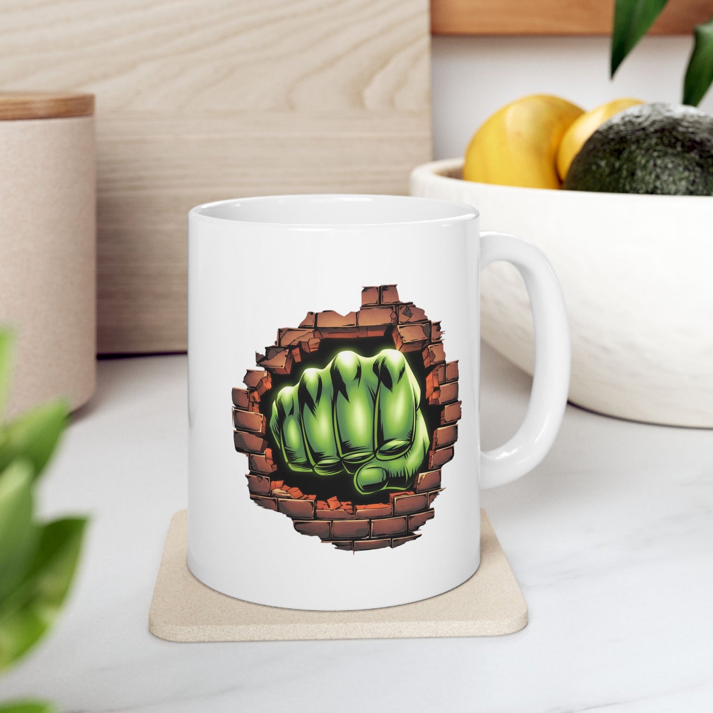 Smash Fist Mug – Green Fist Punching Through Wall Coffee Cup, Superhero Inspired Design, Dishwasher Safe, Funny Gift for Fans & Coffee Lovers