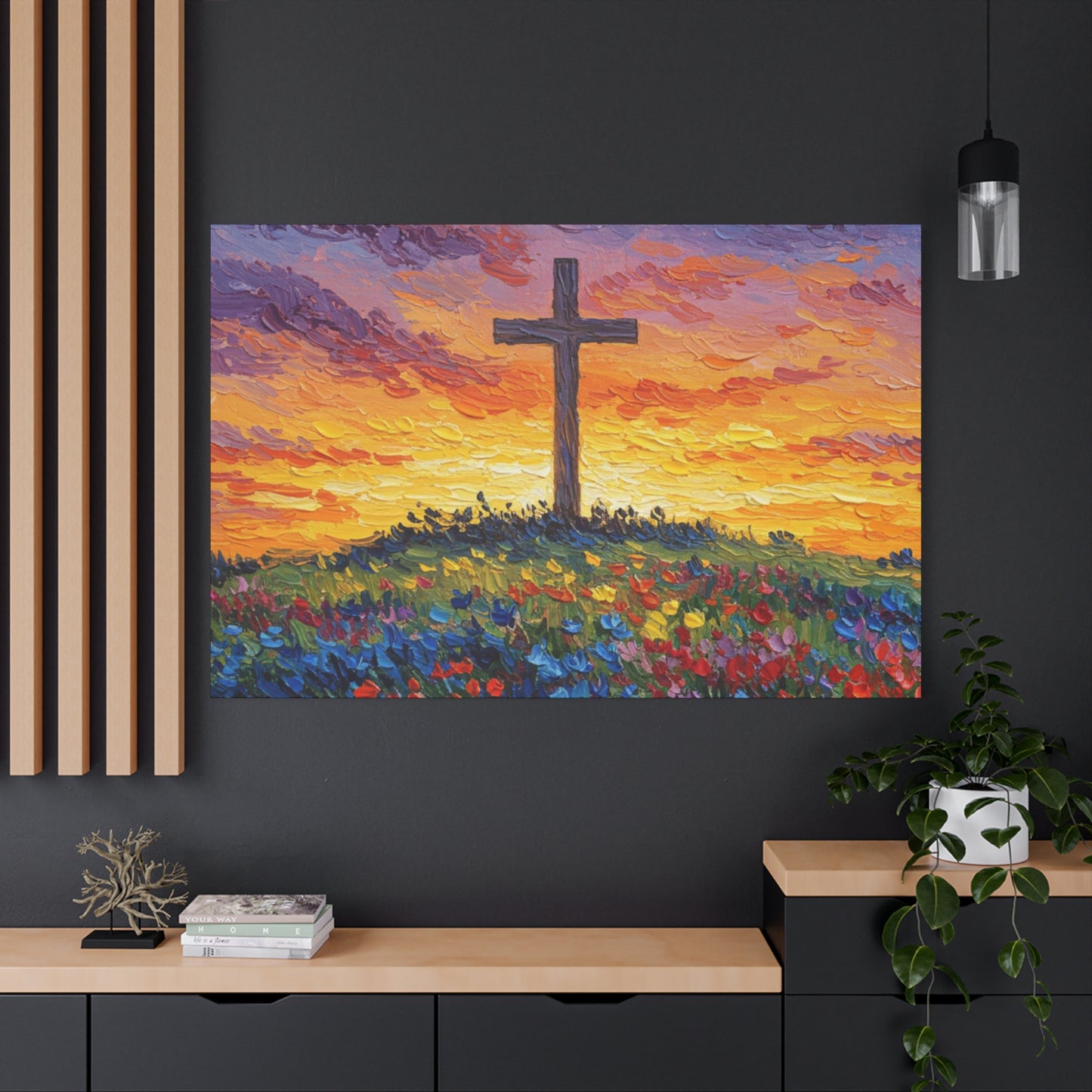 Van Gogh Inspired Inspirational Stretched Canvas Art - Sunset Cross Landscape