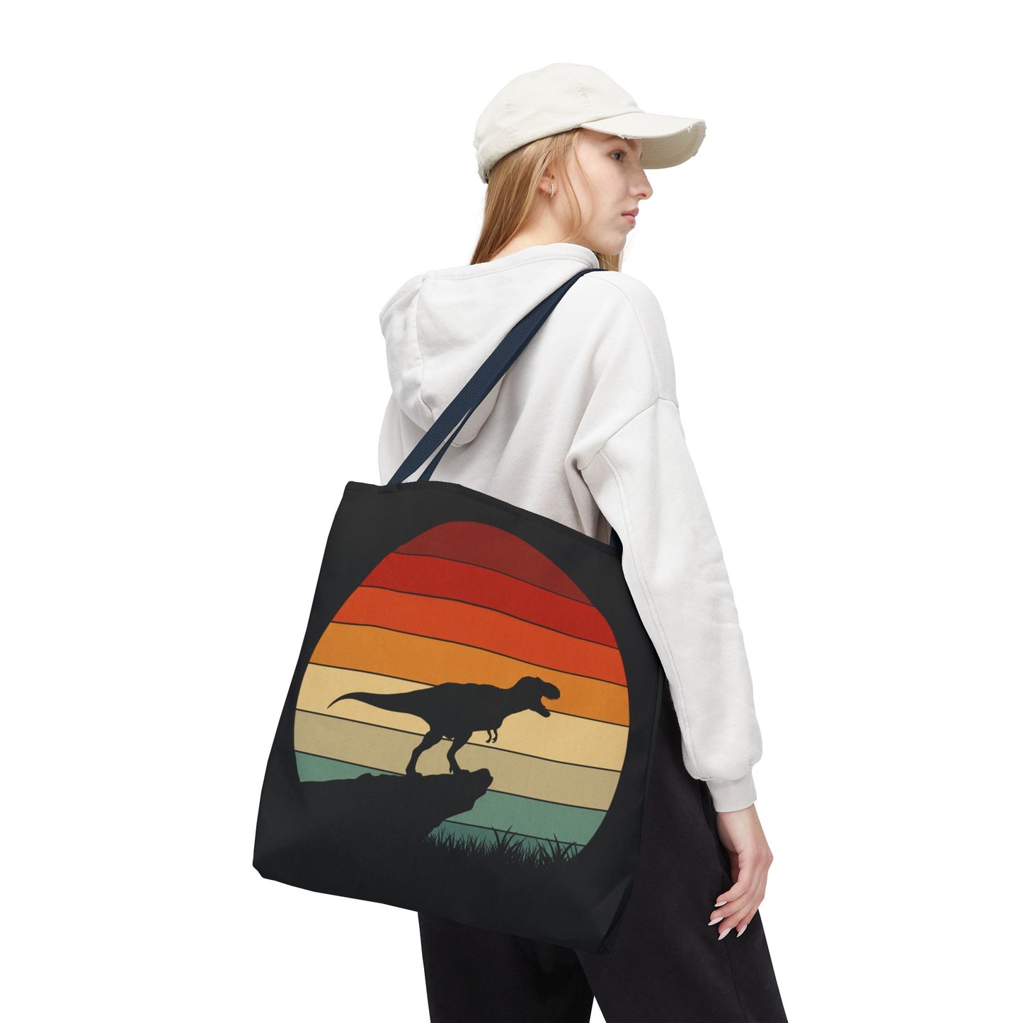 Retro Dinosaur Sunset Tote Bag | AOP Canvas Shopper - Eco Beach Bag for Dino Lovers and Kids, All-Over Print Summer Travel Gift