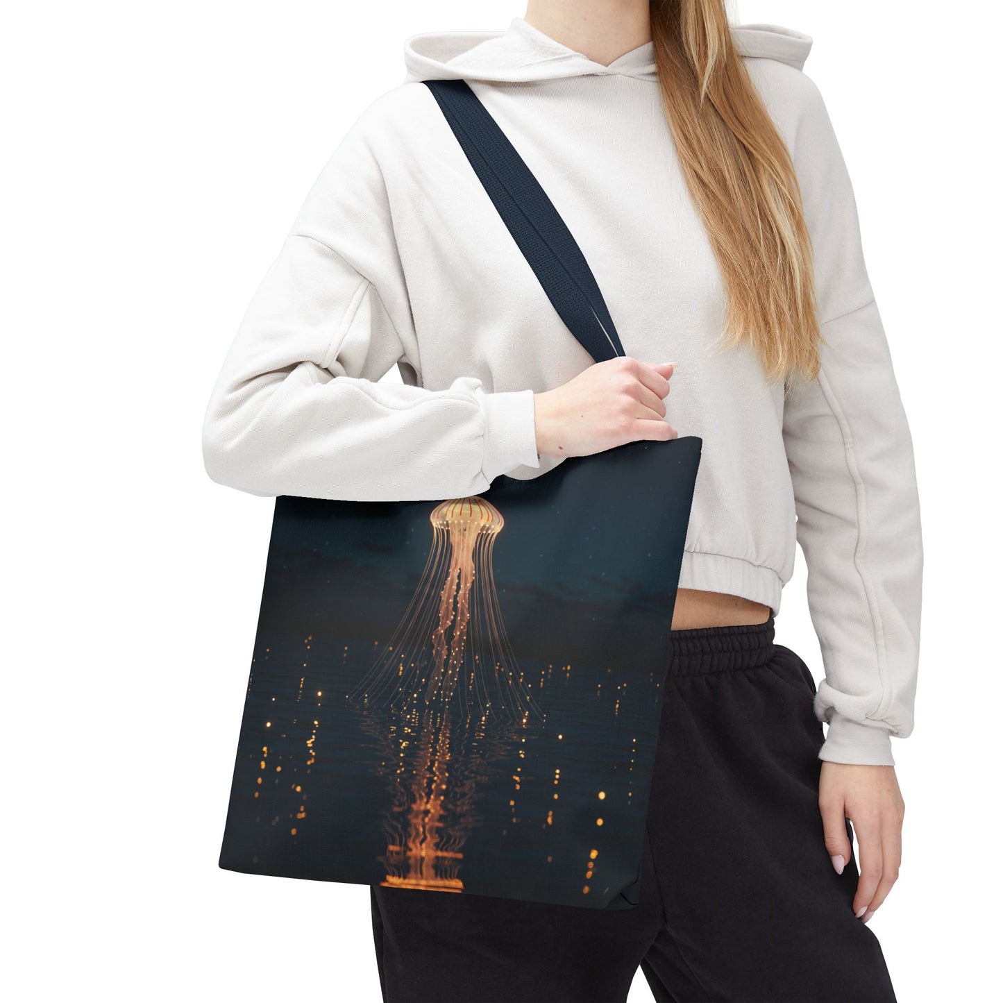 Luminous Jellyfish Tote Bag, Glow-Inspired Ocean Design Shoulder Bag, Durable Polyester Tote For Everyday Style, Gifts, And Coastal Fashion