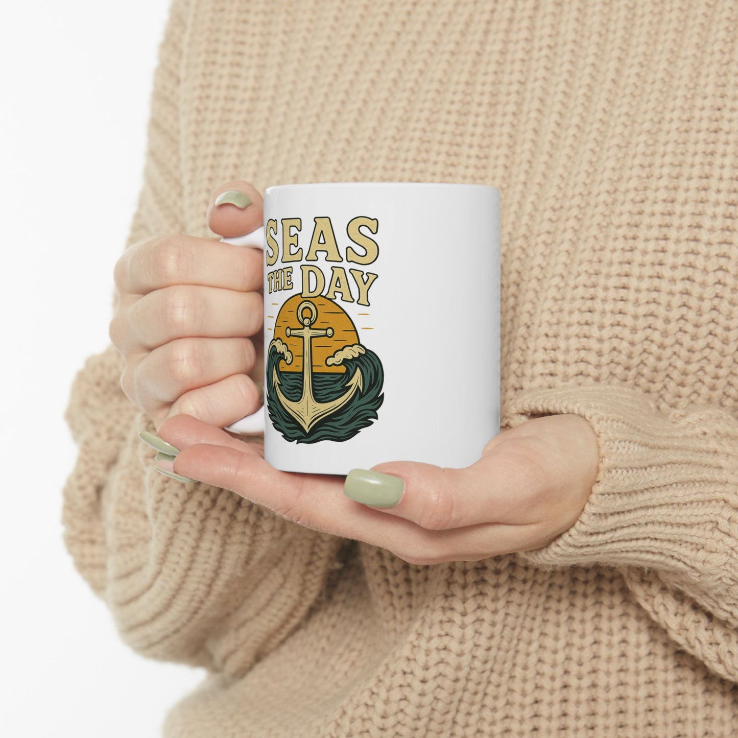 Seas the Day Coffee Mug – Nautical Anchor Ocean Sunset Cup, Funny Motivational Gift for Coffee Lovers, Sailors & Beach Vibes