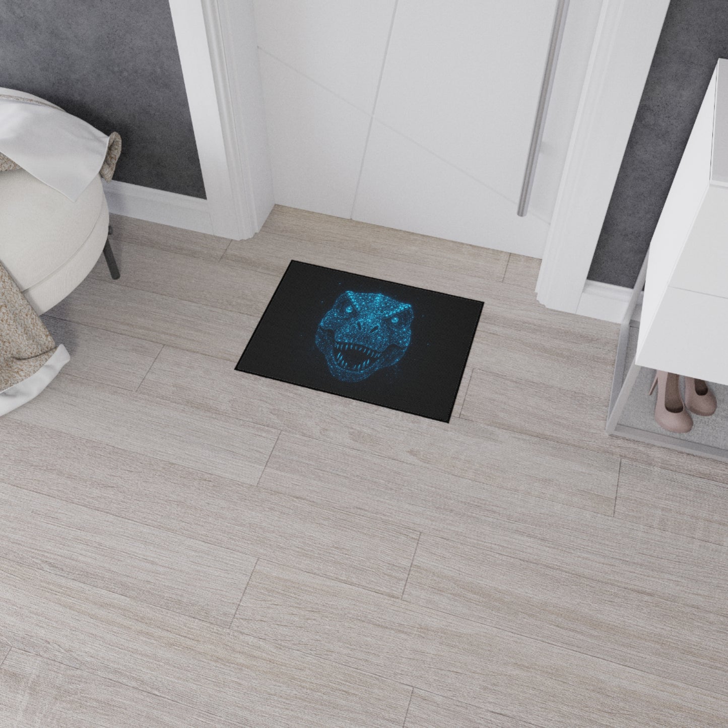 Bioluminescent-Style T-Rex Doormat – Neon Blue Dinosaur Skull Rug, Bold Dinosaur Door Mat, Non-Slip Entryway Rug, Unique Gift for Dino Lovers