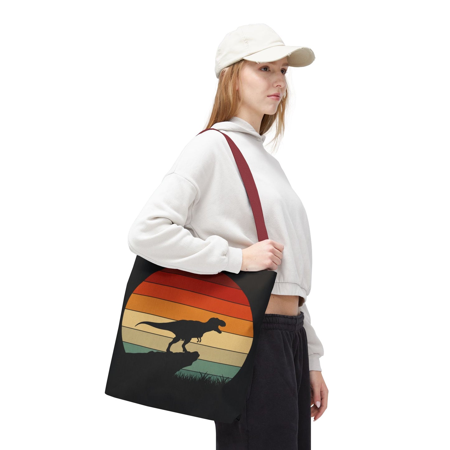 Retro Dinosaur Sunset Tote Bag | AOP Canvas Shopper - Eco Beach Bag for Dino Lovers and Kids, All-Over Print Summer Travel Gift