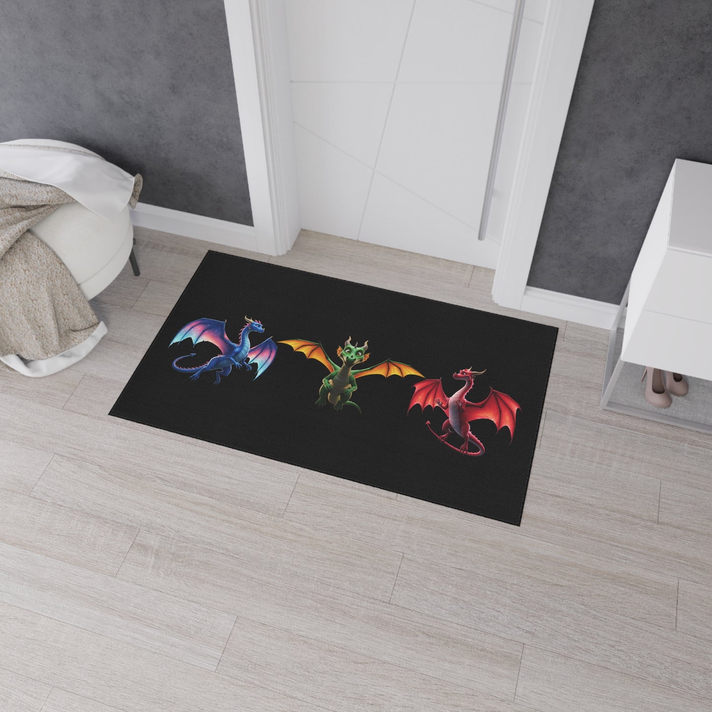 Fantasy Dragon Floor Mat - Non‑Slip Game Room Rug with Blue, Green and Red Dragons, Kids Room Decor, Durable Entrance Welcome Mat