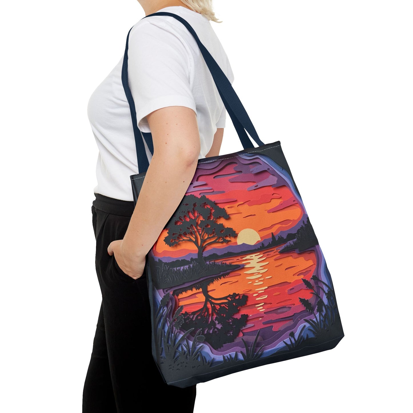 Sunset Landscape Canvas Tote Bag – Paper‑Art Inspired Nature Scene Tote – Colorful Sunset Market Tote, Eco Reusable Beach Bag, Vibrant Gift for Her