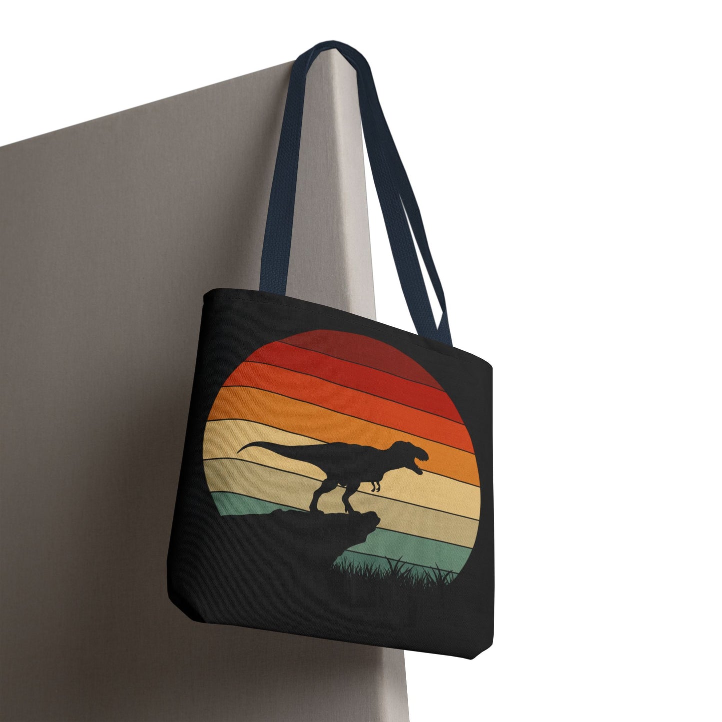 Retro Dinosaur Sunset Tote Bag | AOP Canvas Shopper - Eco Beach Bag for Dino Lovers and Kids, All-Over Print Summer Travel Gift
