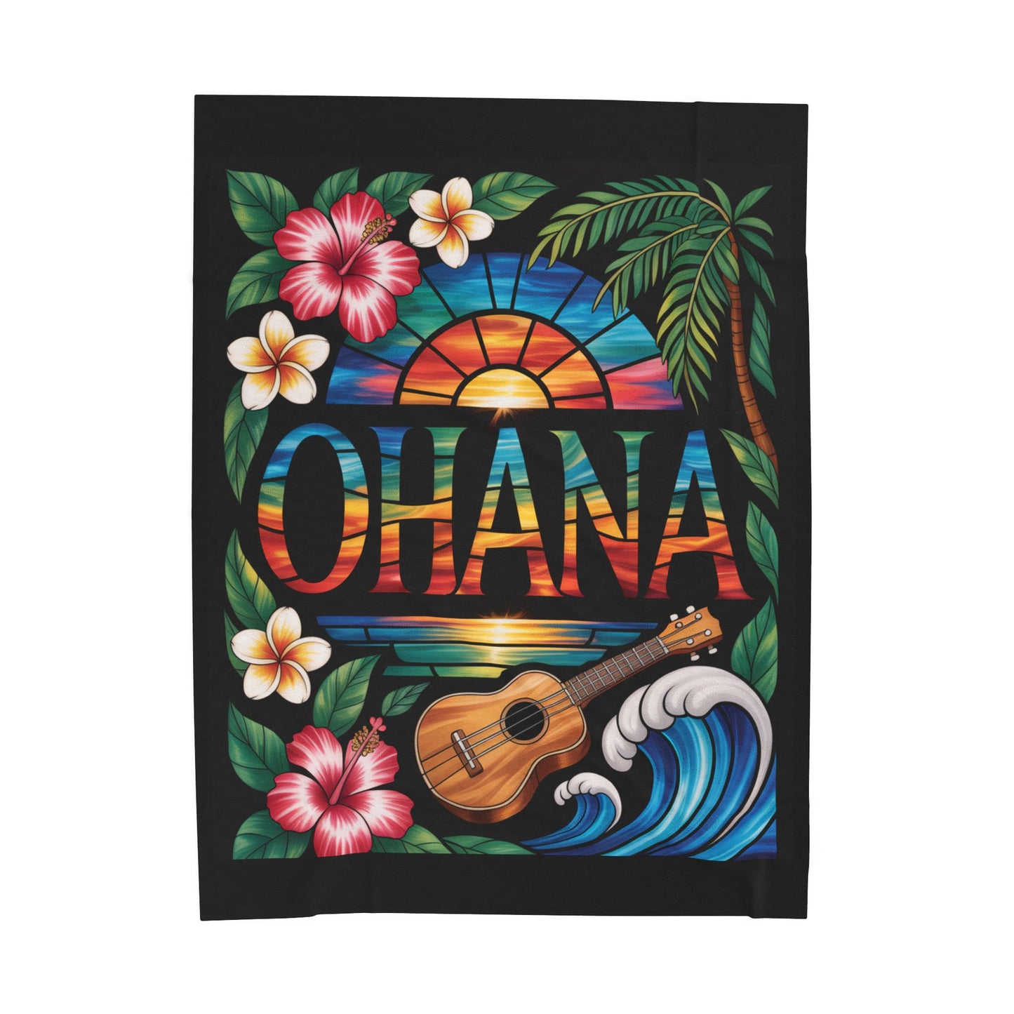 Hawaiian Ohana Blanket - Tropical Ukulele Sunset Throw with Hibiscus Flowers, Beach Waves - Cozy Island Vibes Bed Cover Gift