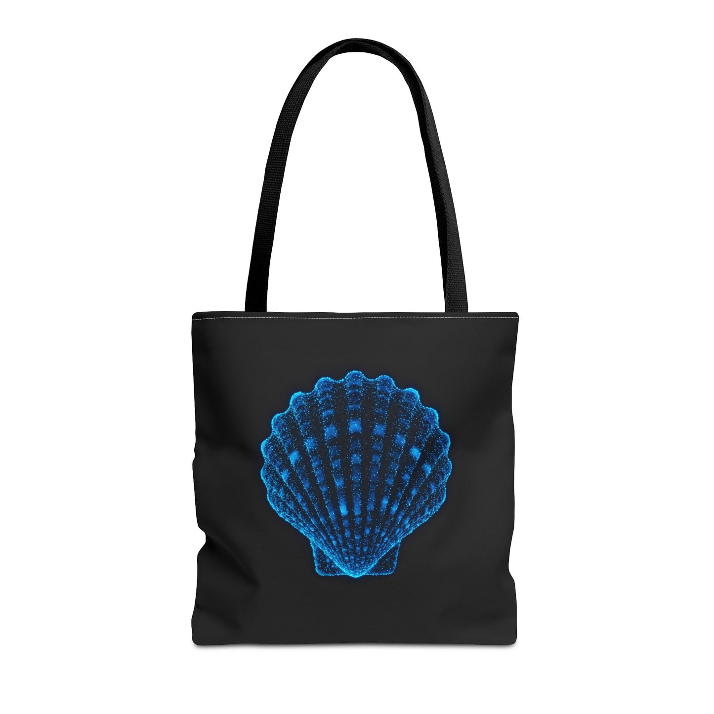 Neon Blue Shell Tote Bag – Digital Scallop Design Canvas Tote, Ocean Tech Art, Minimalist Beach Statement, Reusable Black Shopper Bag