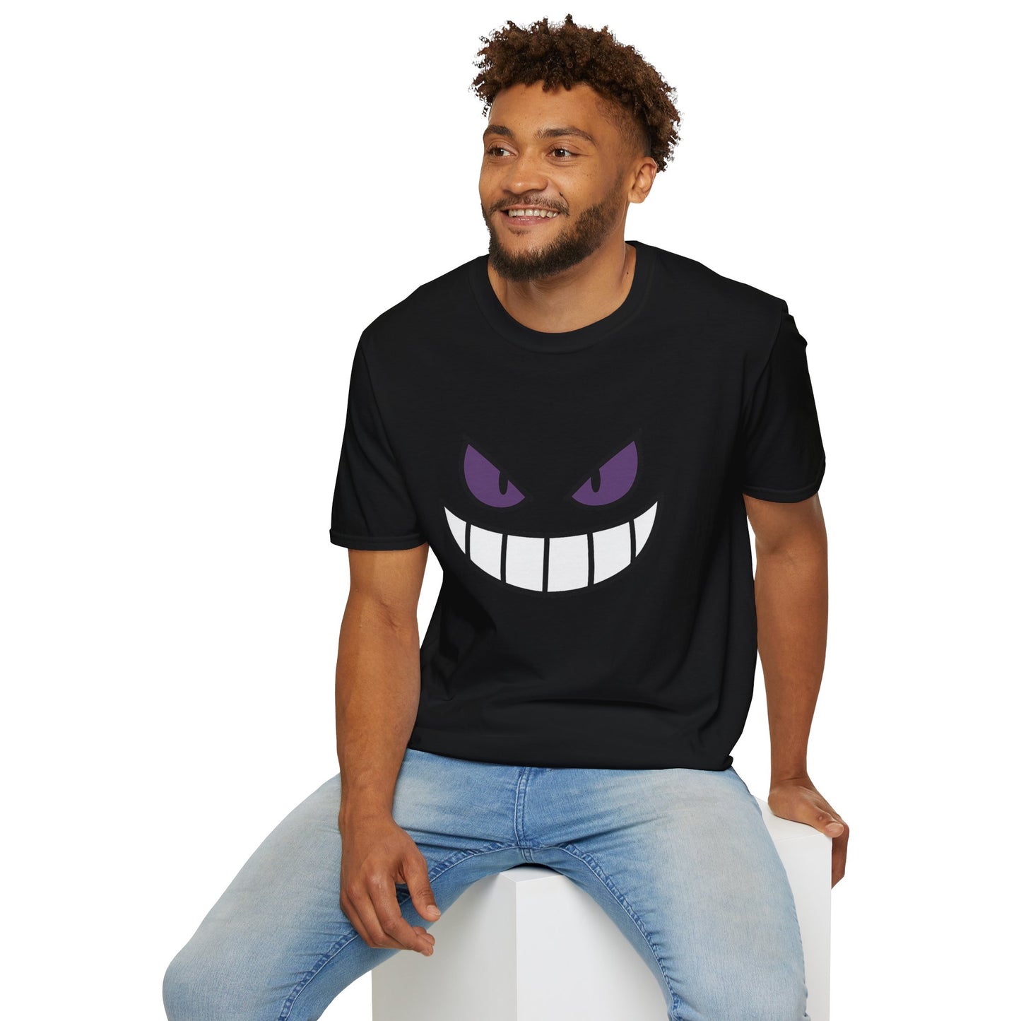 Mischievous Shadow Face Tee - Purple Eyes and Big Grin Graphic Shirt | Spooky Cute Gift, Retro Gaming Vibe, Funny Halloween Unisex Top