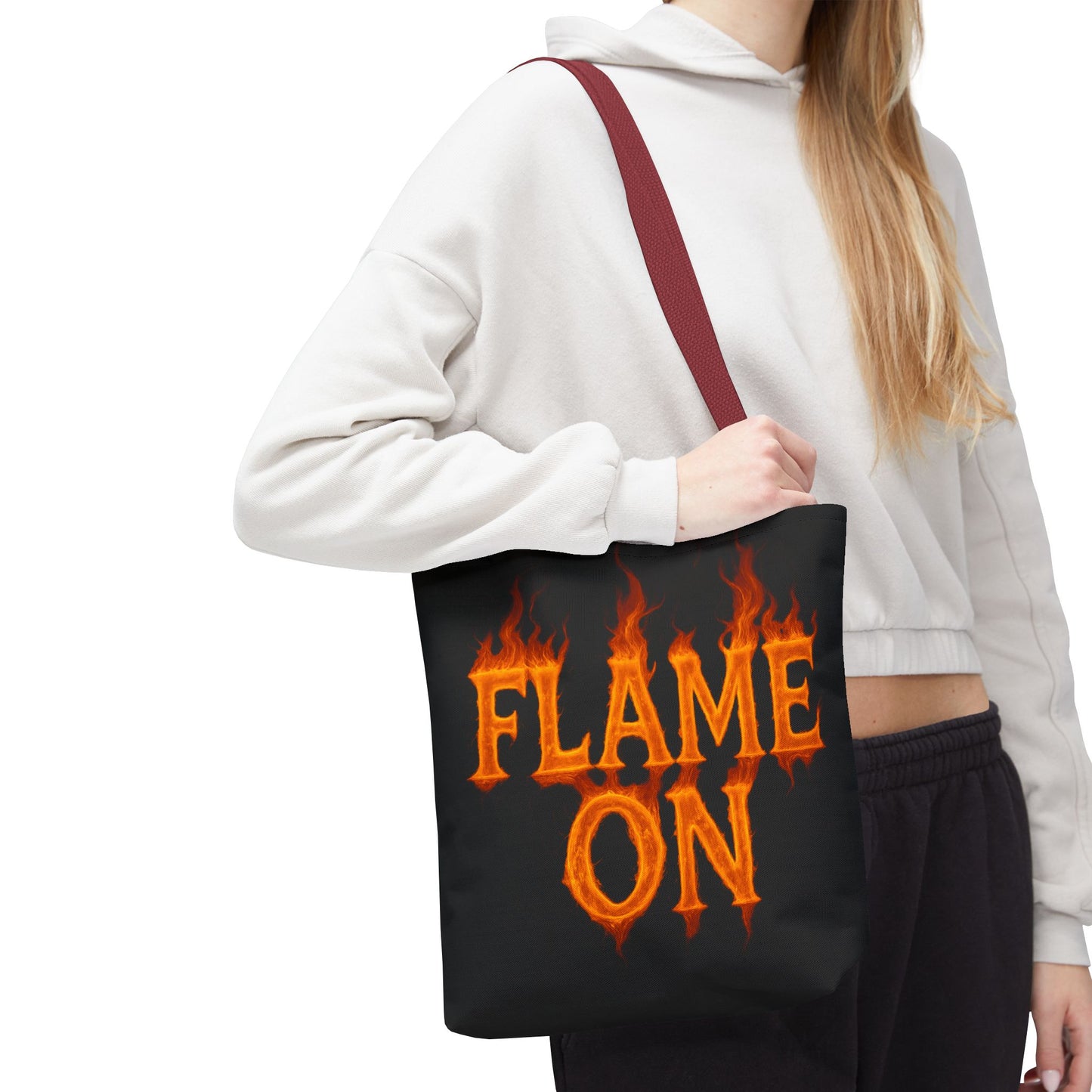 Flame On Tote Bag - Fire Typography Black Bag for Book Lovers, Gym, or Groceries | Bold Comic-Inspired Catchphrase Tote