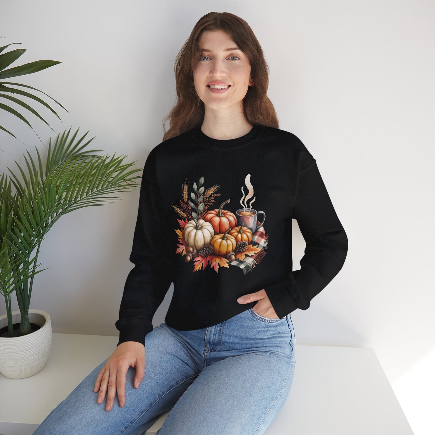Fall Pumpkin Sweatshirt, Cozy Autumn Crewneck, Thanksgiving Sweater With Pumpkins And Coffee, Fall Leaves Pullover, Seasonal Gift