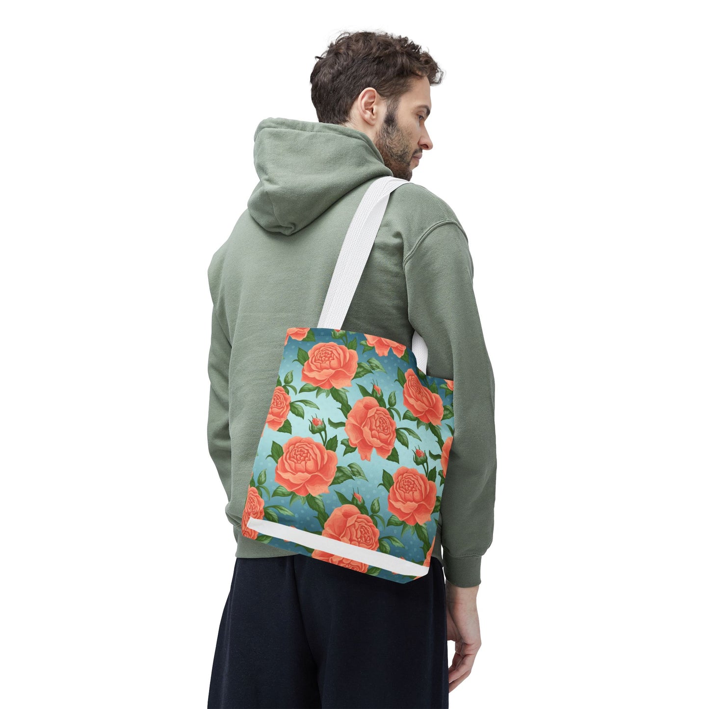 Vintage Floral Tote Bag – Coral Rose Pattern on Blue Background – Aesthetic Everyday Carry Bag – Reusable Fabric Market Tote Gift