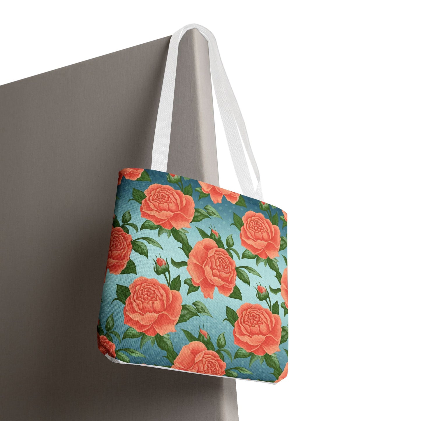 Vintage Floral Tote Bag – Coral Rose Pattern on Blue Background – Aesthetic Everyday Carry Bag – Reusable Fabric Market Tote Gift