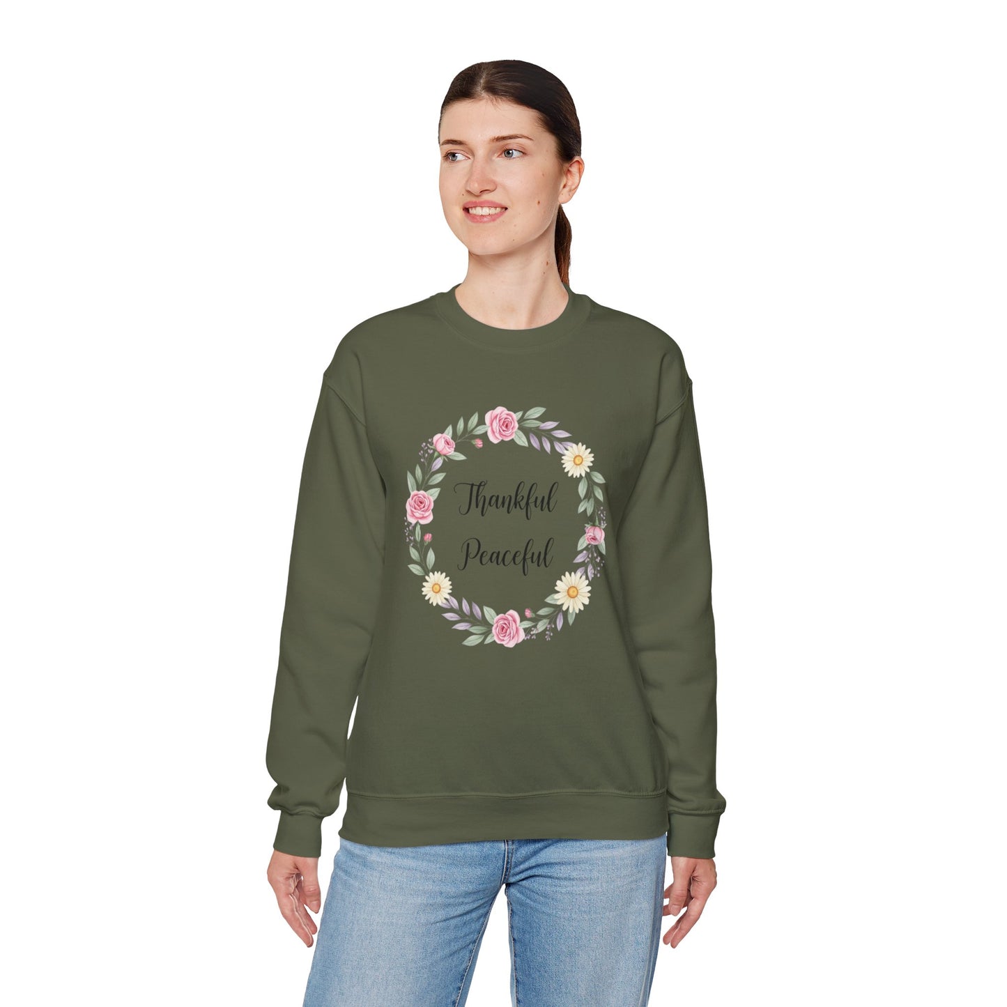 Thankful Peaceful Sweatshirt, Floral Wreath Crewneck, Inspirational Quote Sweater, Positive Message Pullover, Uplifting Gift For Women