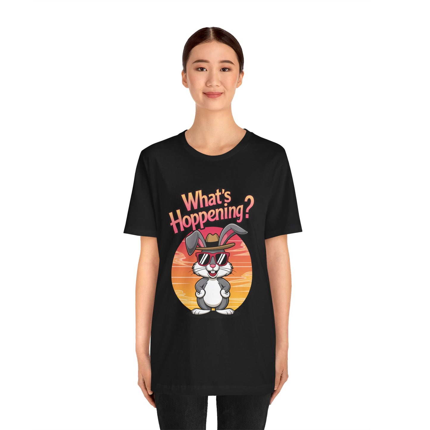 What’s Hoppening Funny Bunny Shirt – Cute Rabbit Pun T-Shirt – Sunset Graphic Tee for Animal Lovers, Easter, and Pun Enthusiasts