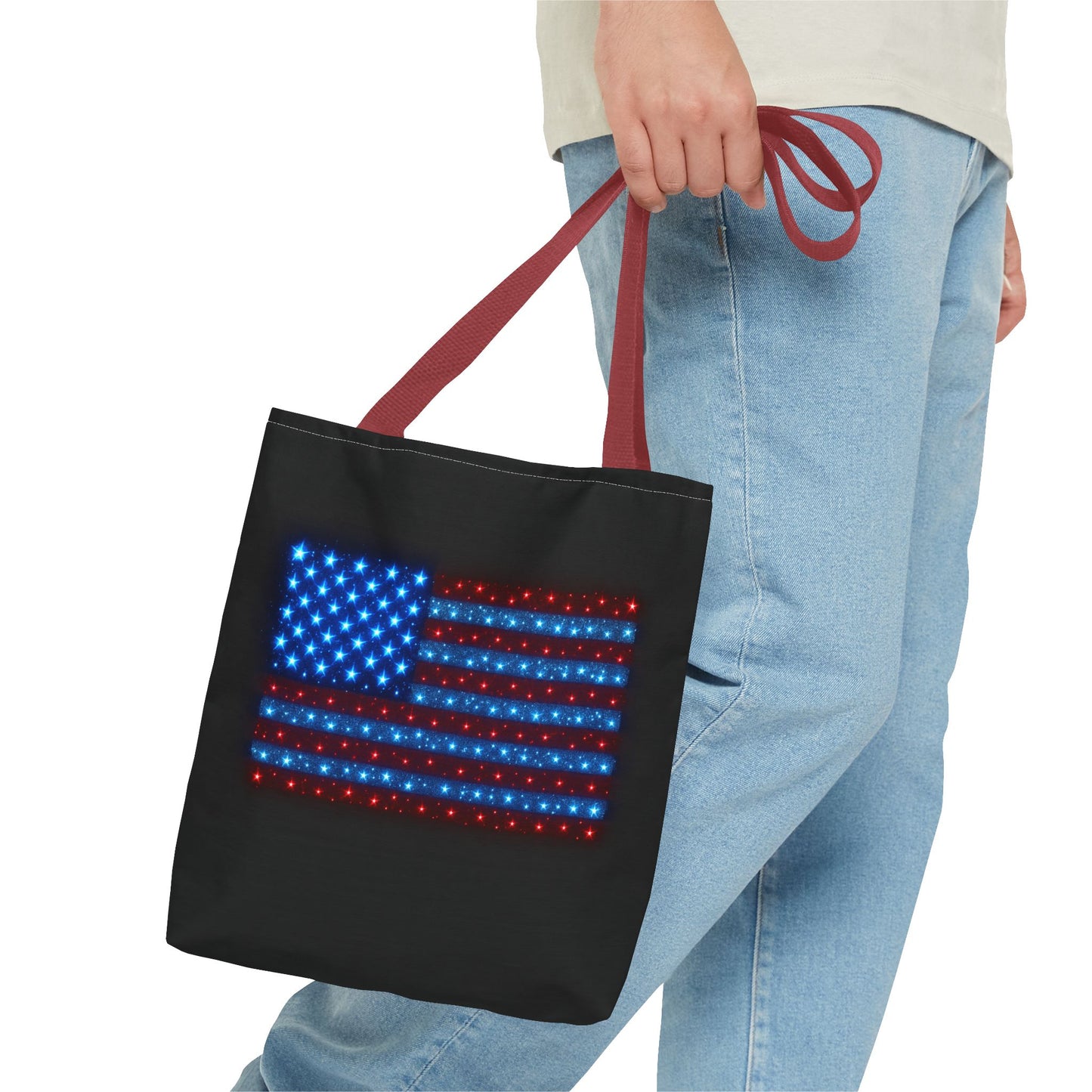 Galaxy Bioluminescent USA Flag Tote Bag - Patriotic Cosmic Canvas Shopper - Starry Red White Blue Tote Non-Glow - 4th July Gift
