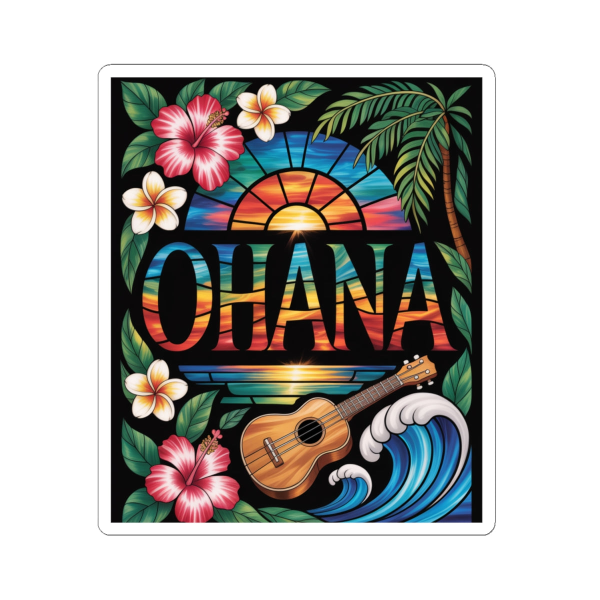 Ohana Sticker - Hawaiian Aesthetic Decal, Tropical Sunset, Ukulele, Hibiscus Flowers, Aloha Vibes